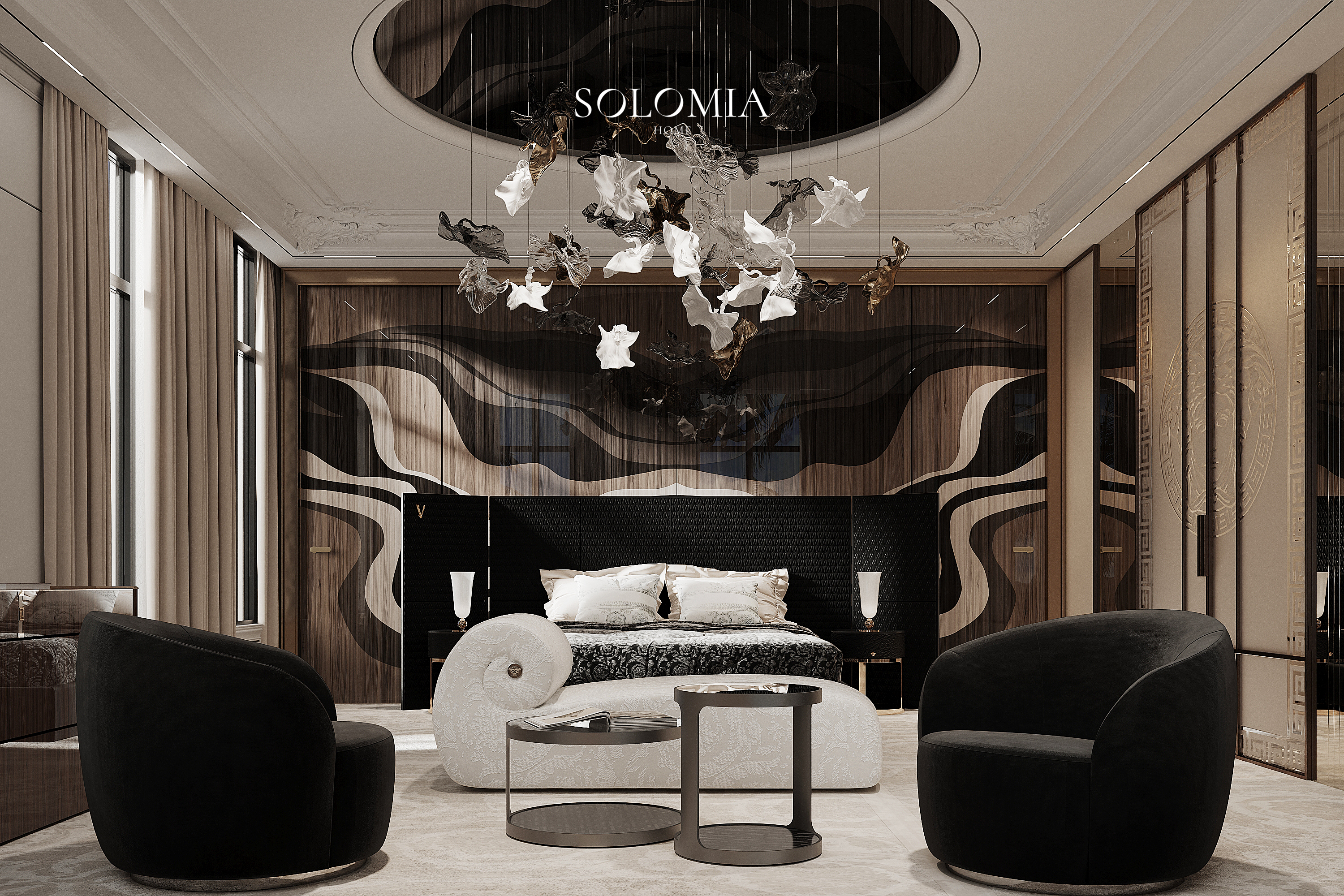 Master bedroom with black armchairs, Versace Villa — luxury interior design Dubai