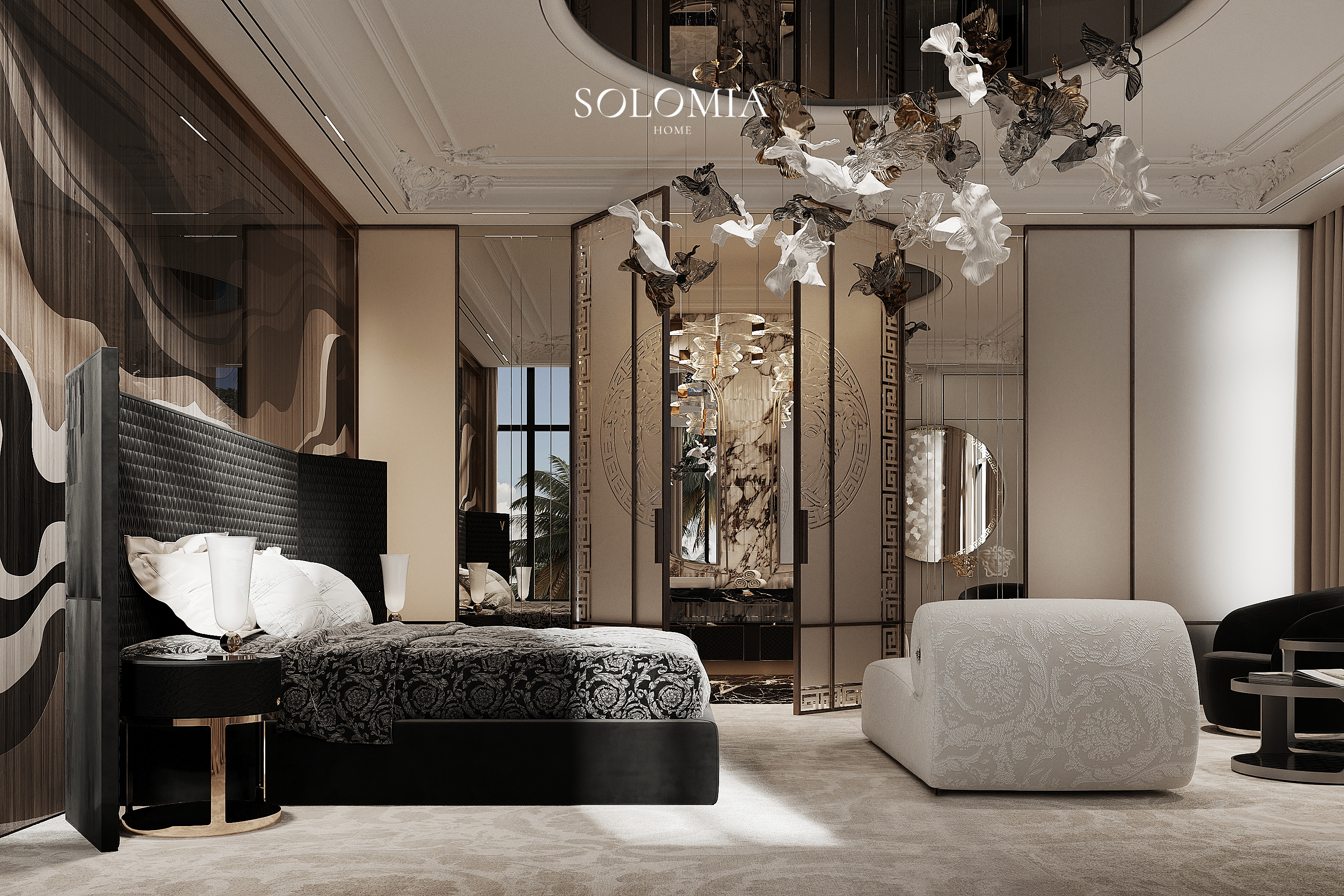 Bedroom with sculptural ceiling light, Versace Villa — luxury interior design Dubai