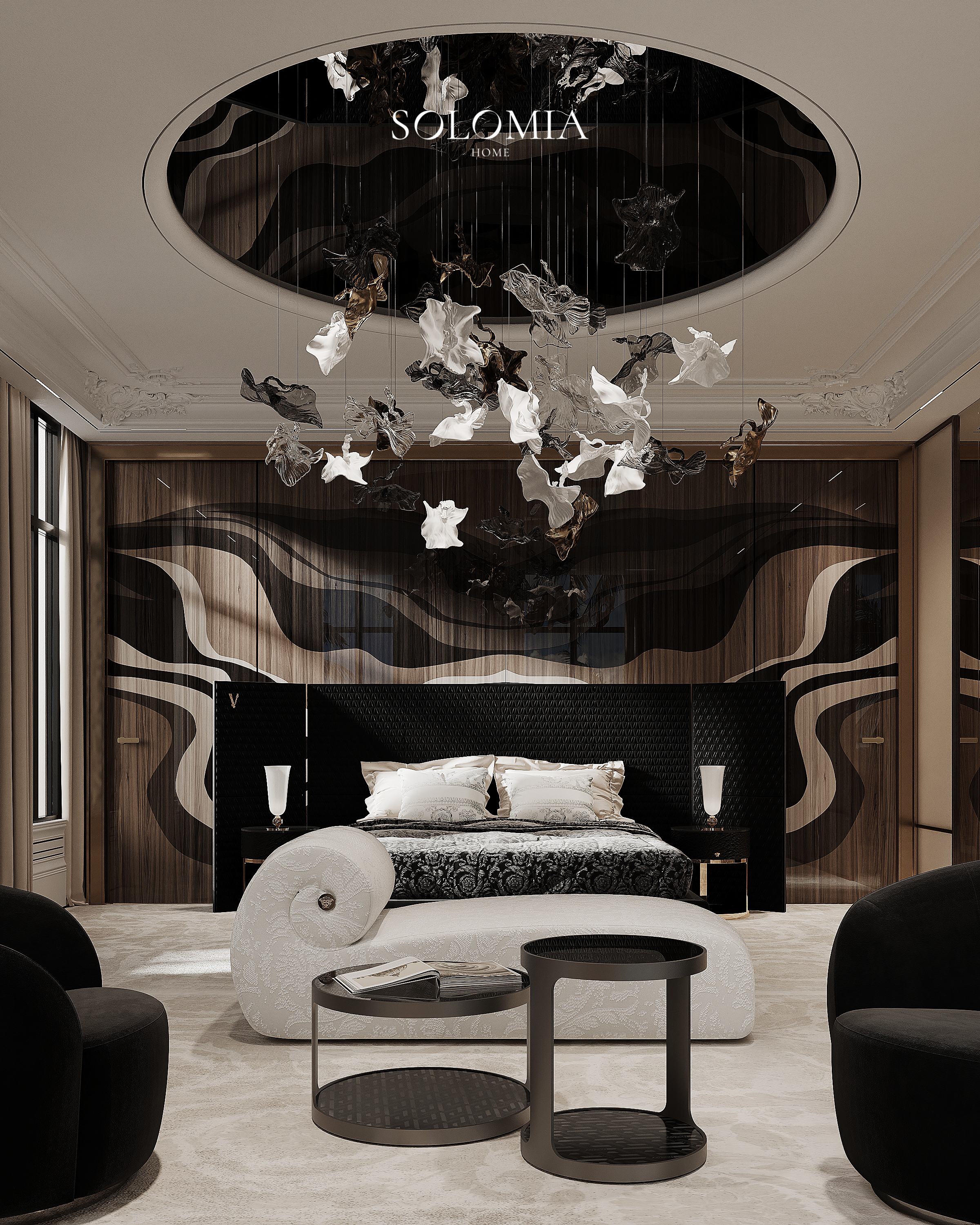 Bed with wave-pattern wall and butterfly light, Versace Villa — luxury interior design Dubai