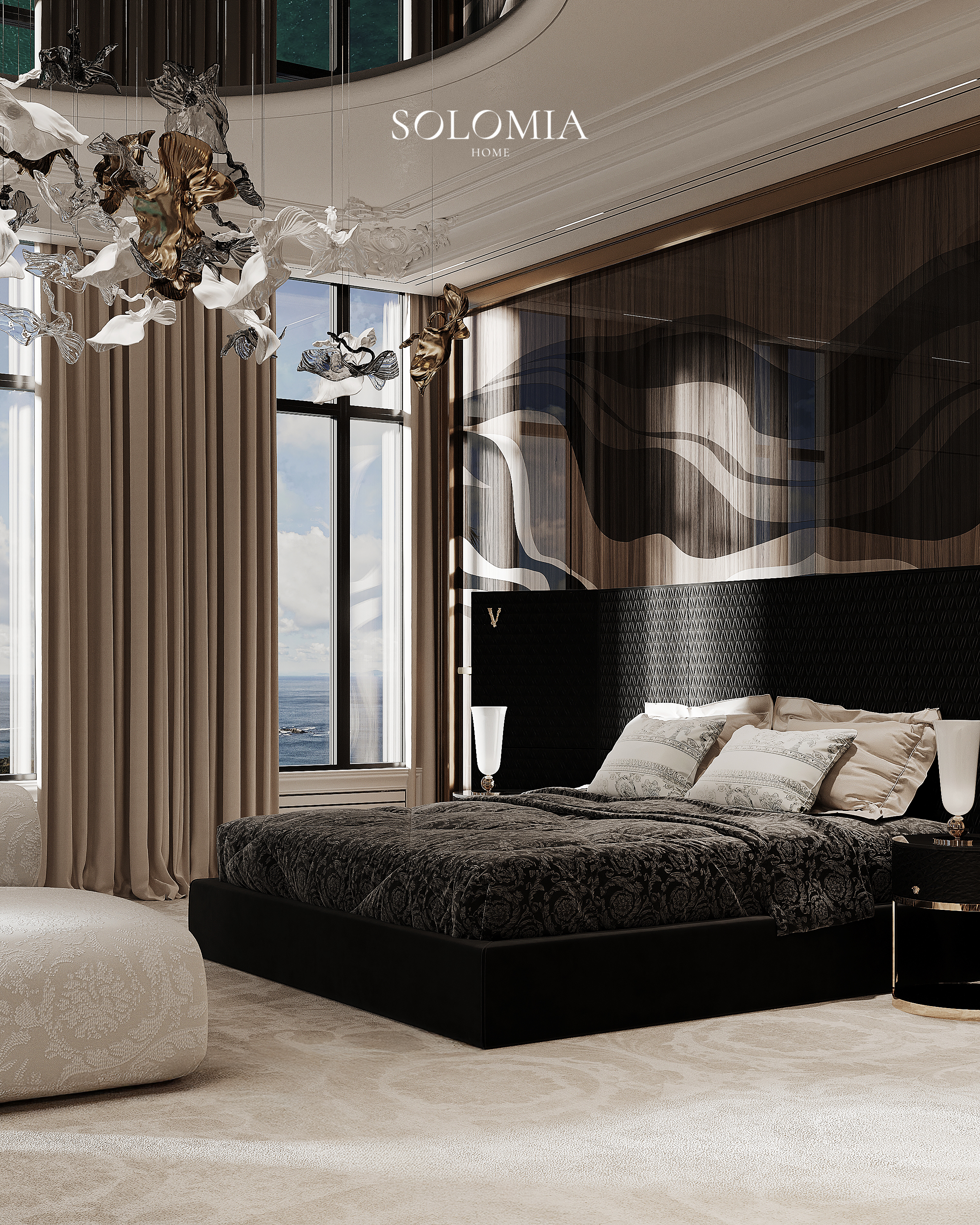 Bedroom with sea view and black bed, Versace Villa — luxury interior design Dubai