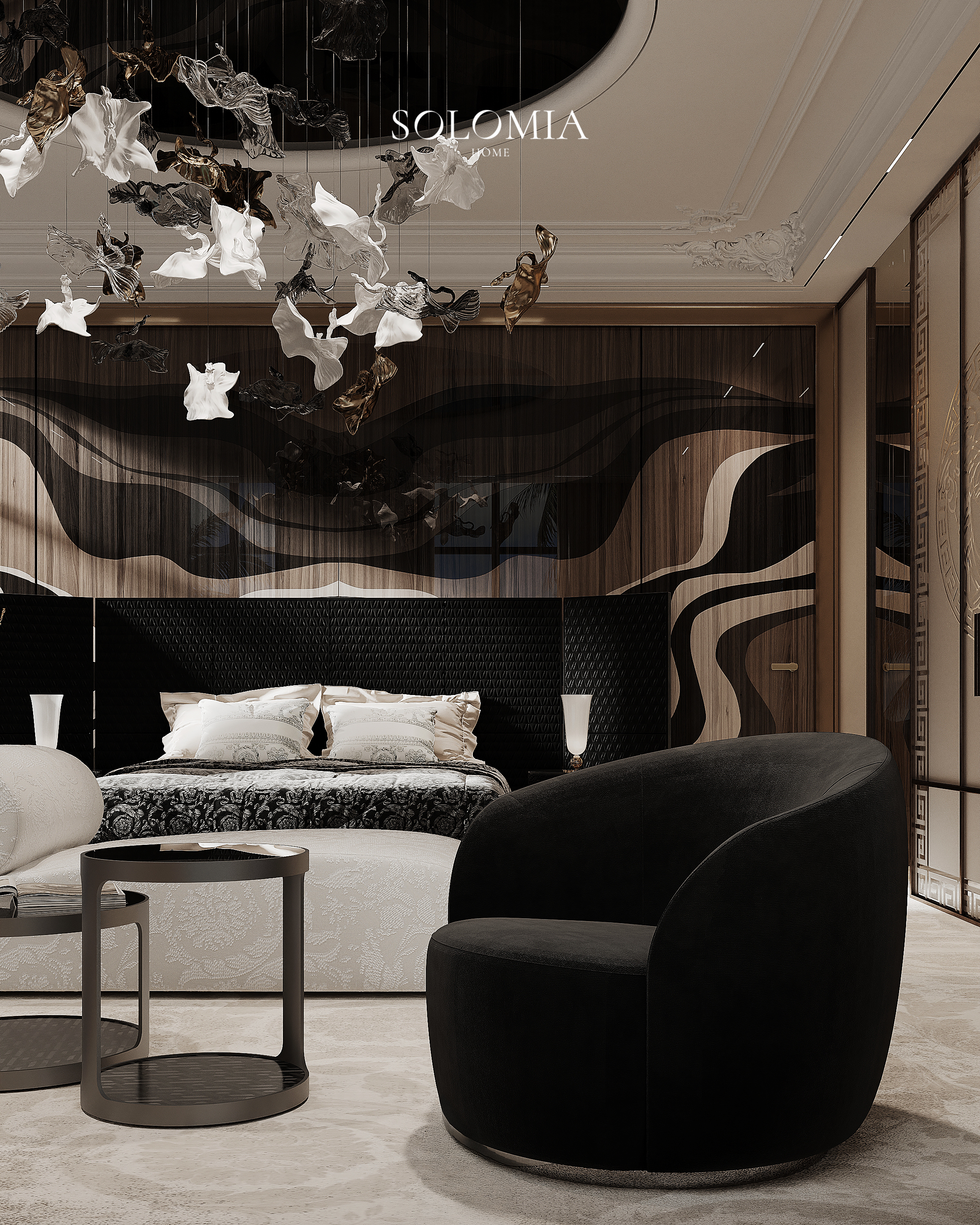 Black velvet armchair by the bed, Versace Villa — luxury interior design Dubai