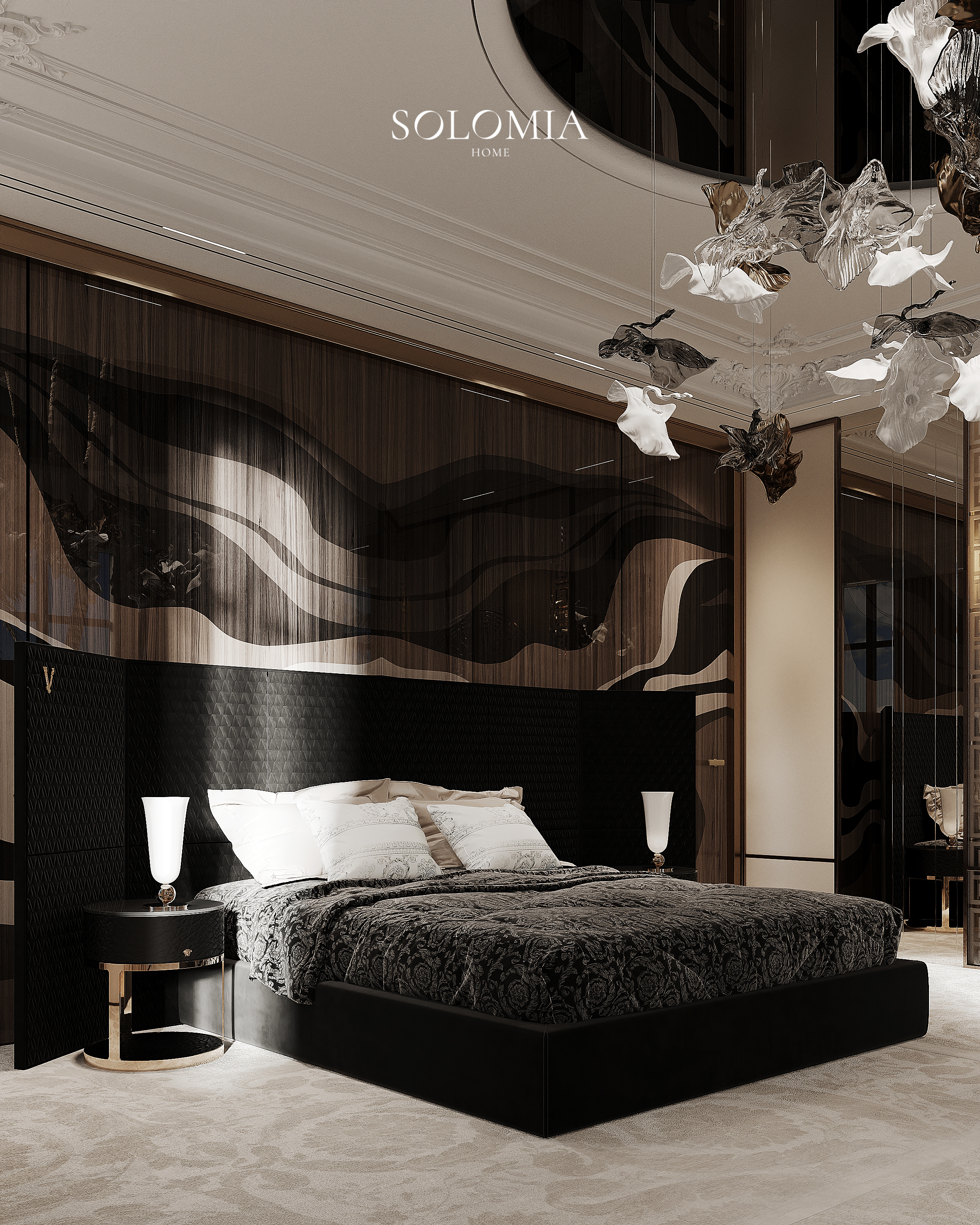 Bed with butterfly chandelier, Versace Villa — luxury interior design Dubai