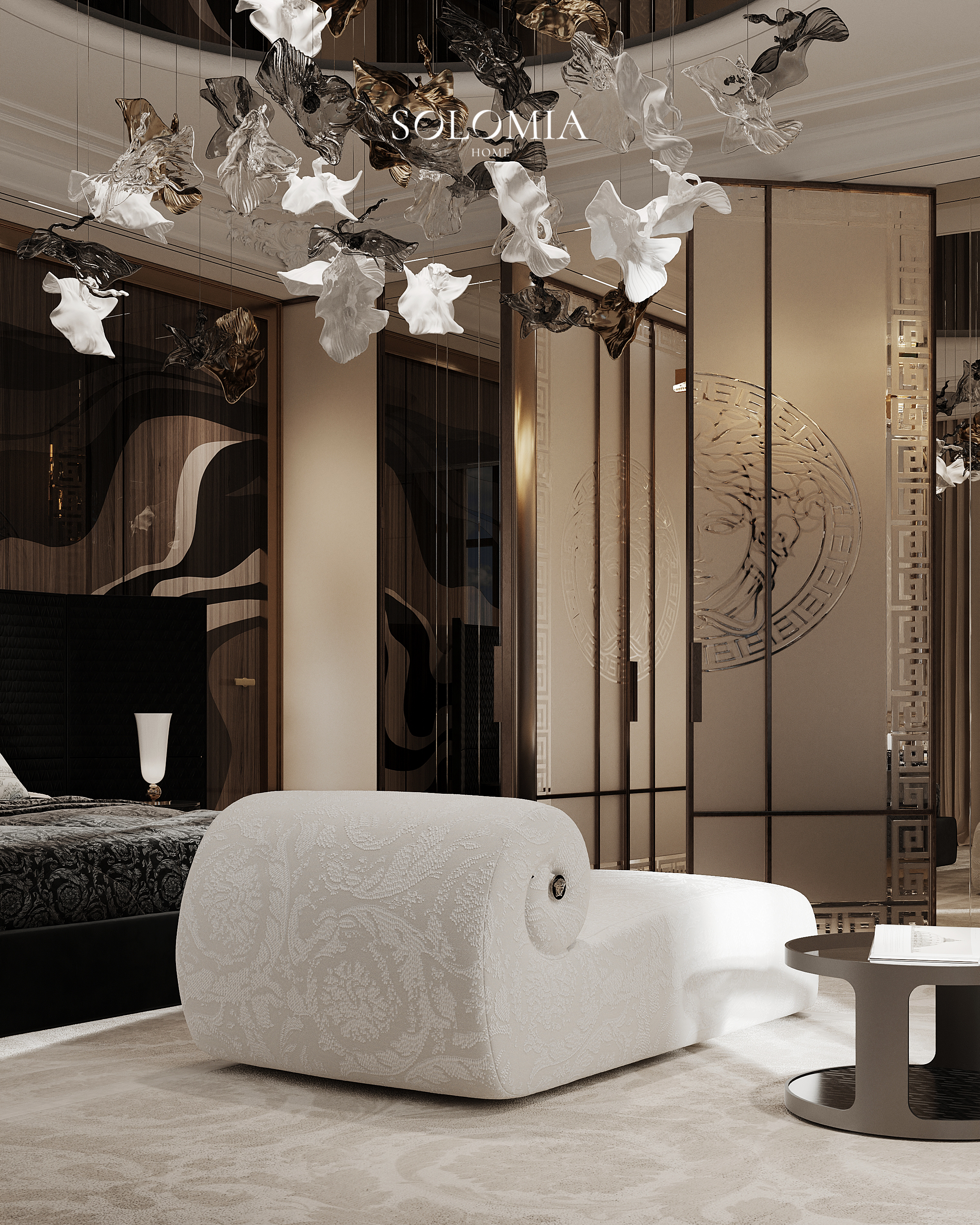 White pouf under a butterfly chandelier, Versace Villa — luxury interior design Dubai