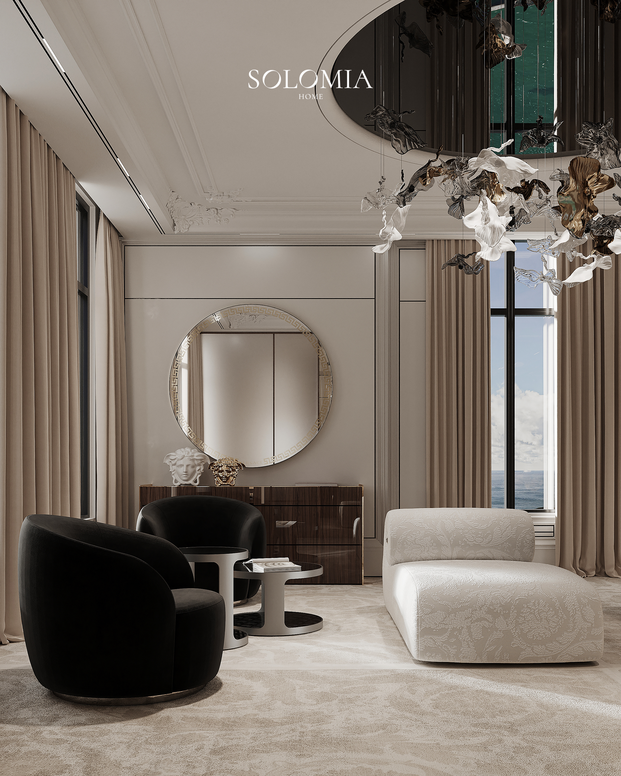 Bedroom lounge with round mirror, Versace Villa — luxury interior design Dubai