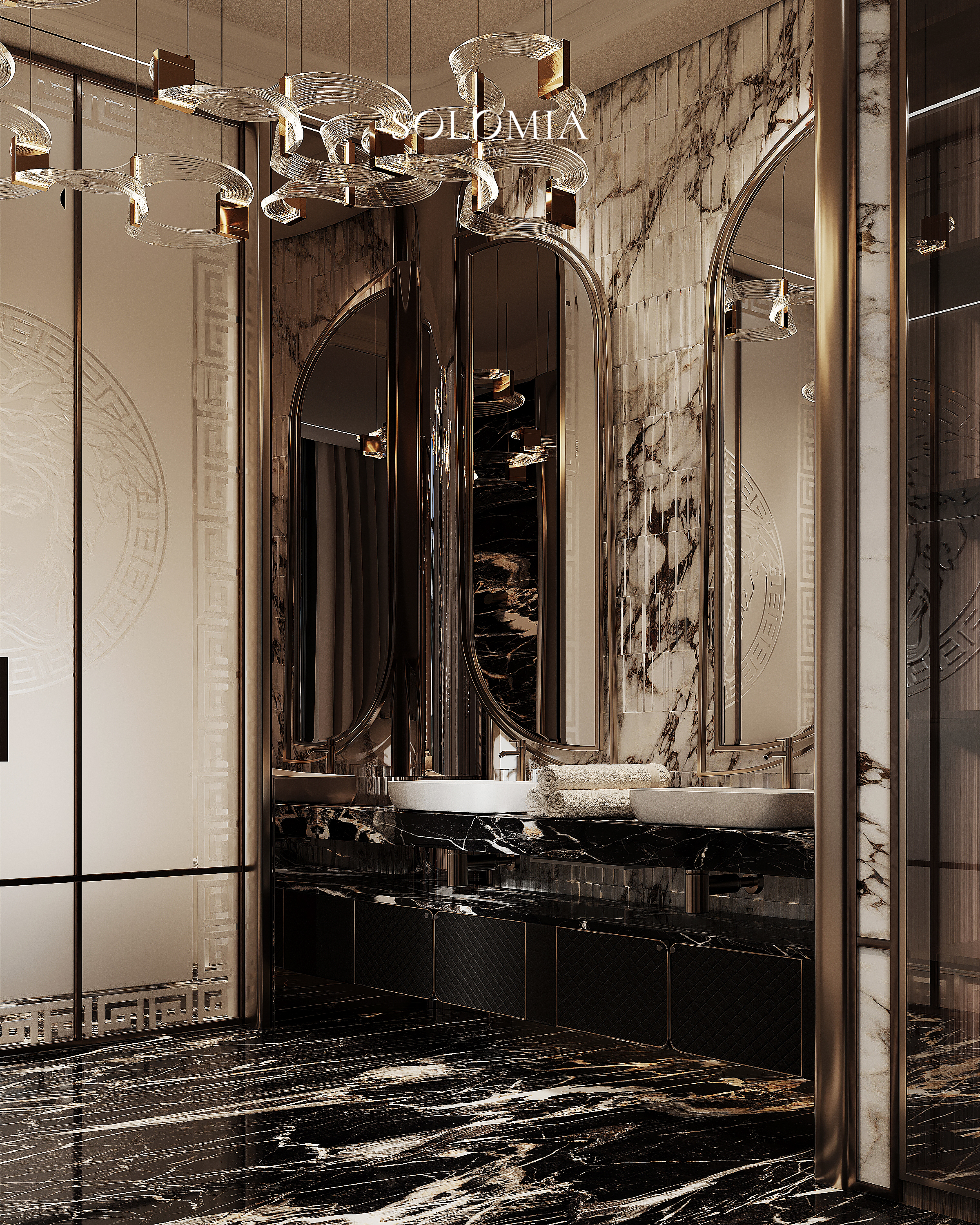 Master bathroom with black marble and lit mirrors, Versace Villa — luxury interior design Dubai