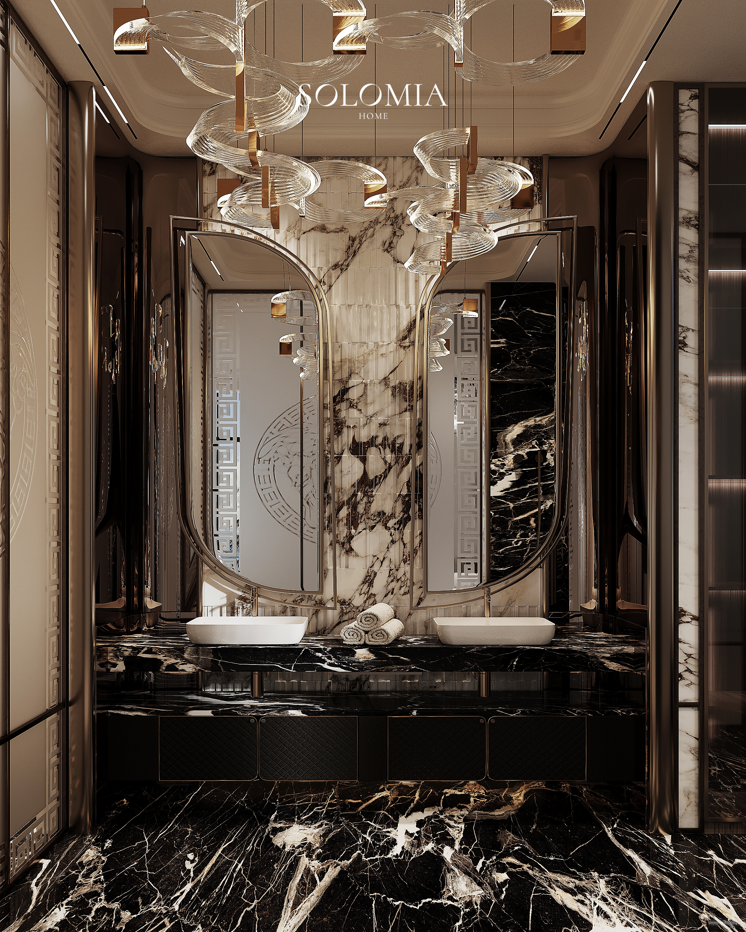 Master bathroom with sculptural chandelier, Versace Villa — luxury interior design Dubai