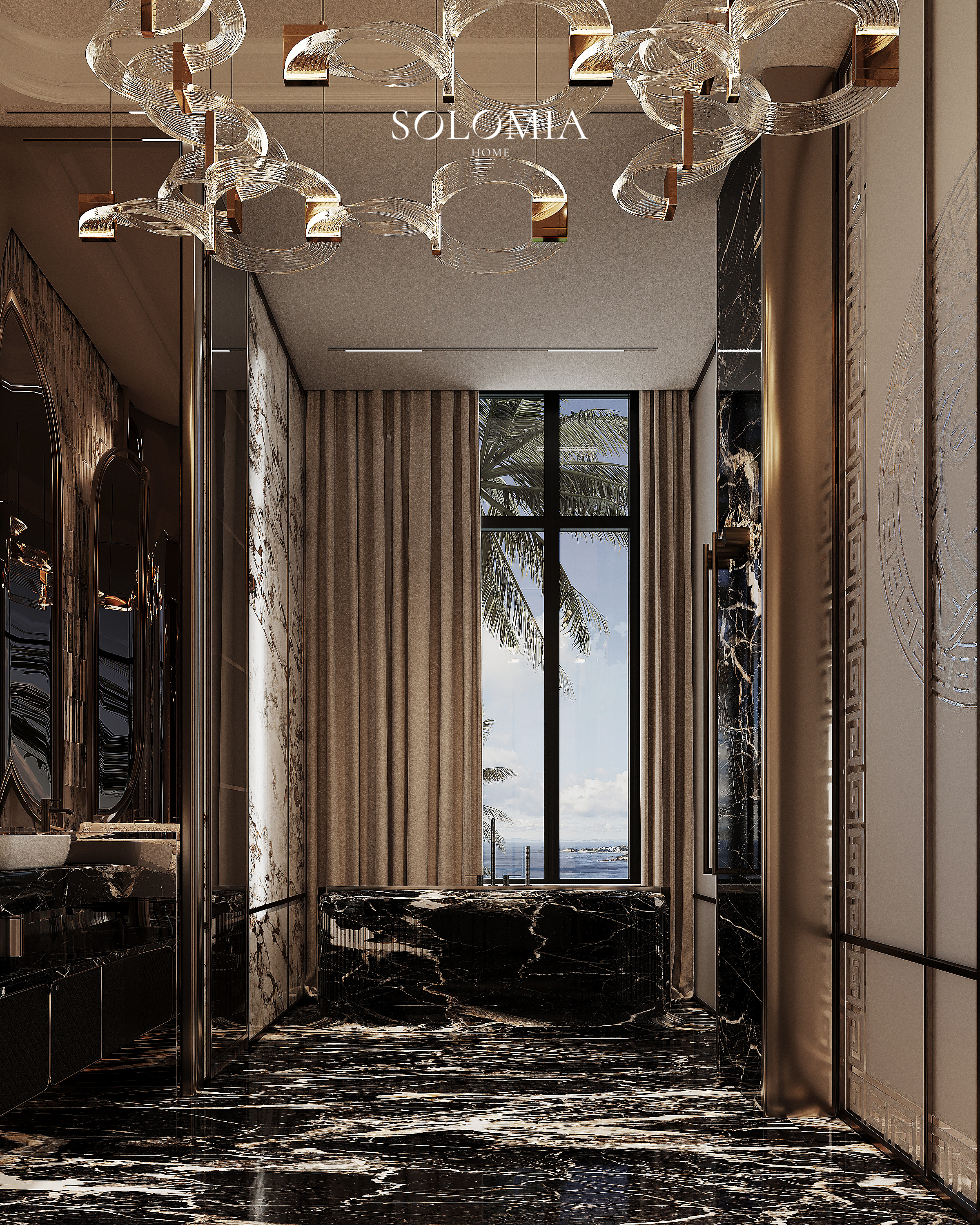 Black marble bathroom with palm view, Versace Villa — luxury interior design Dubai