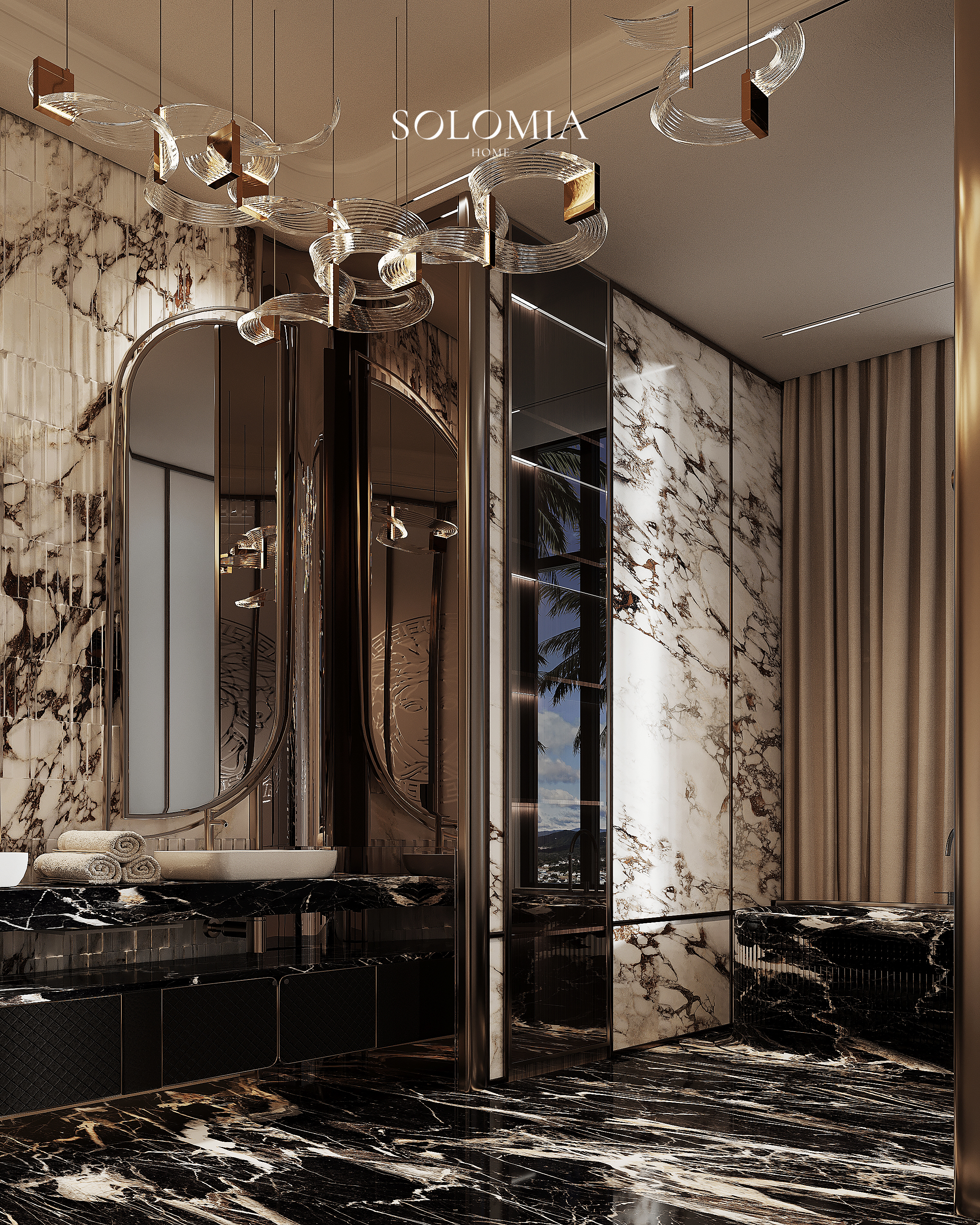 Marble vanity with arched mirror, Versace Villa — luxury interior design Dubai