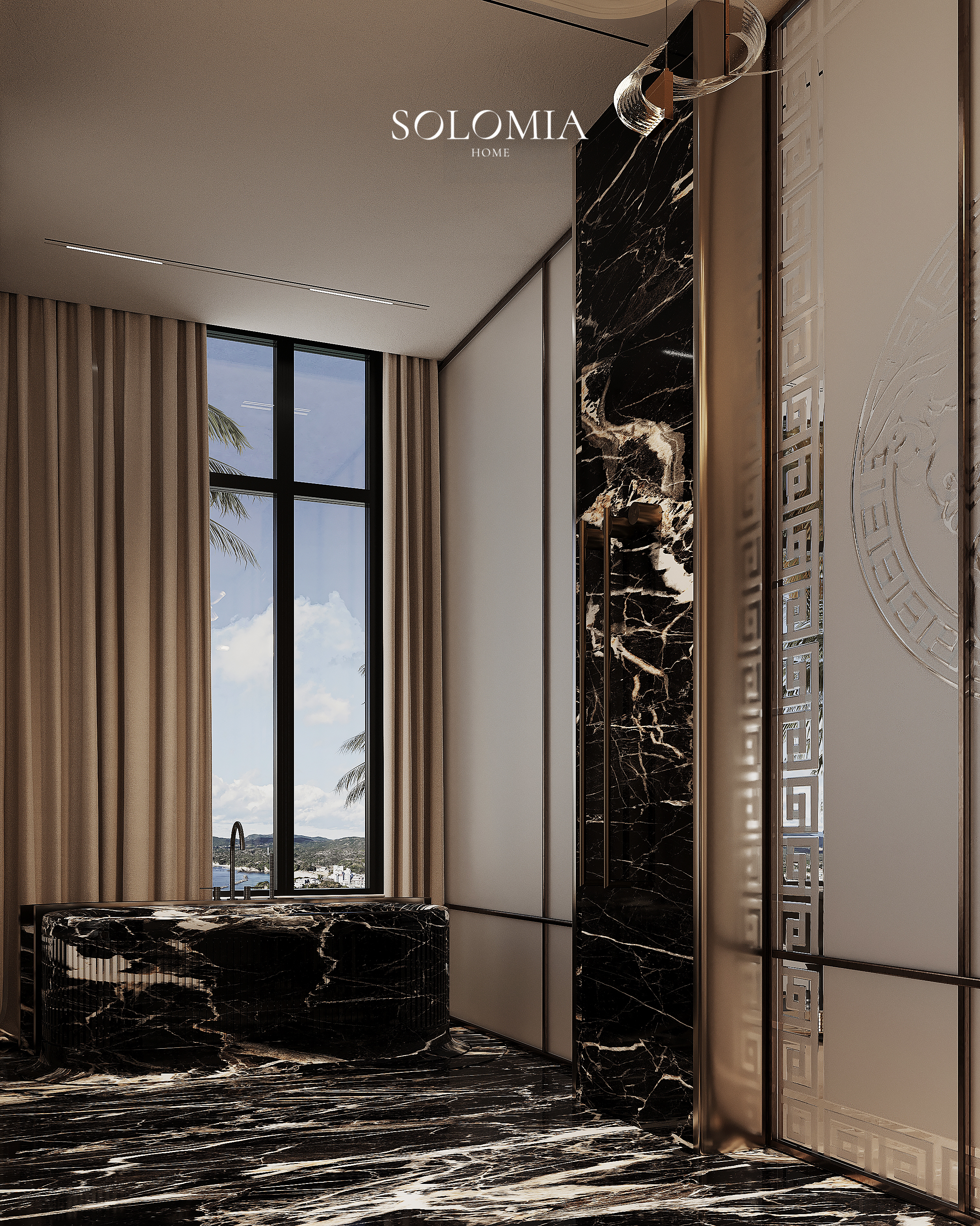 Black marble bathtub by the window, Versace Villa — luxury interior design Dubai