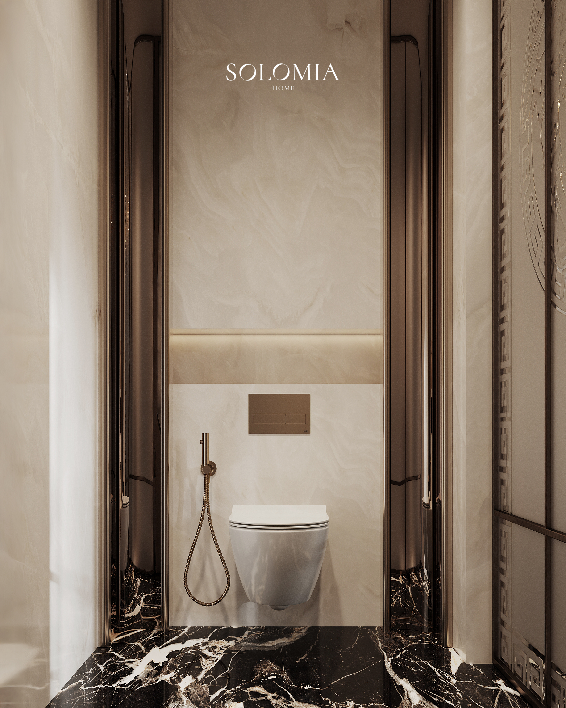 Toilet with black marble and Greek-key panel, Versace Villa — luxury interior design Dubai