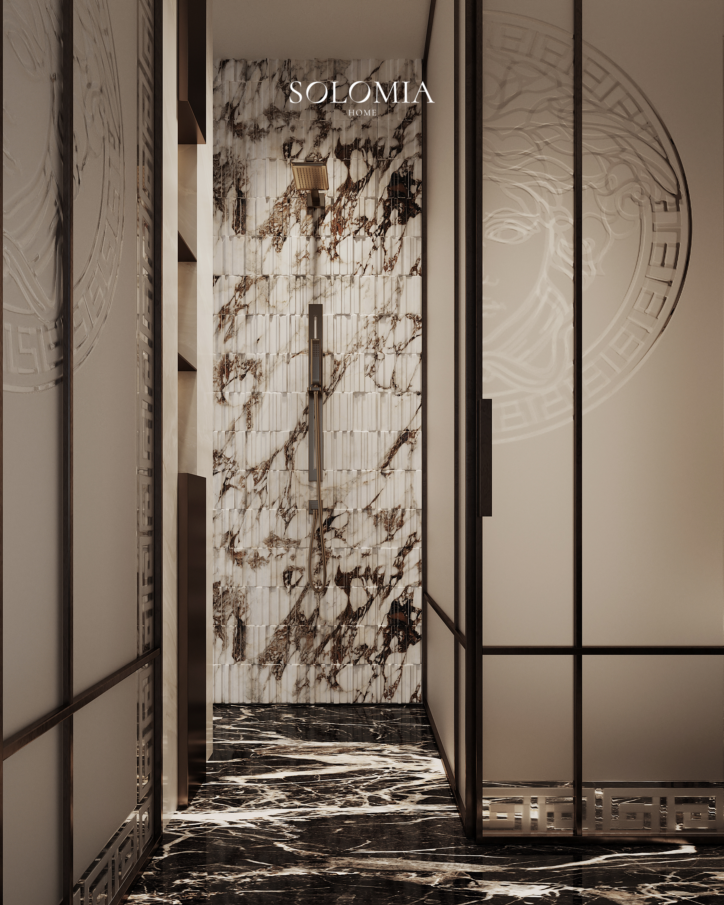 Bathroom with Medusa glass panel, Versace Villa — luxury interior design Dubai