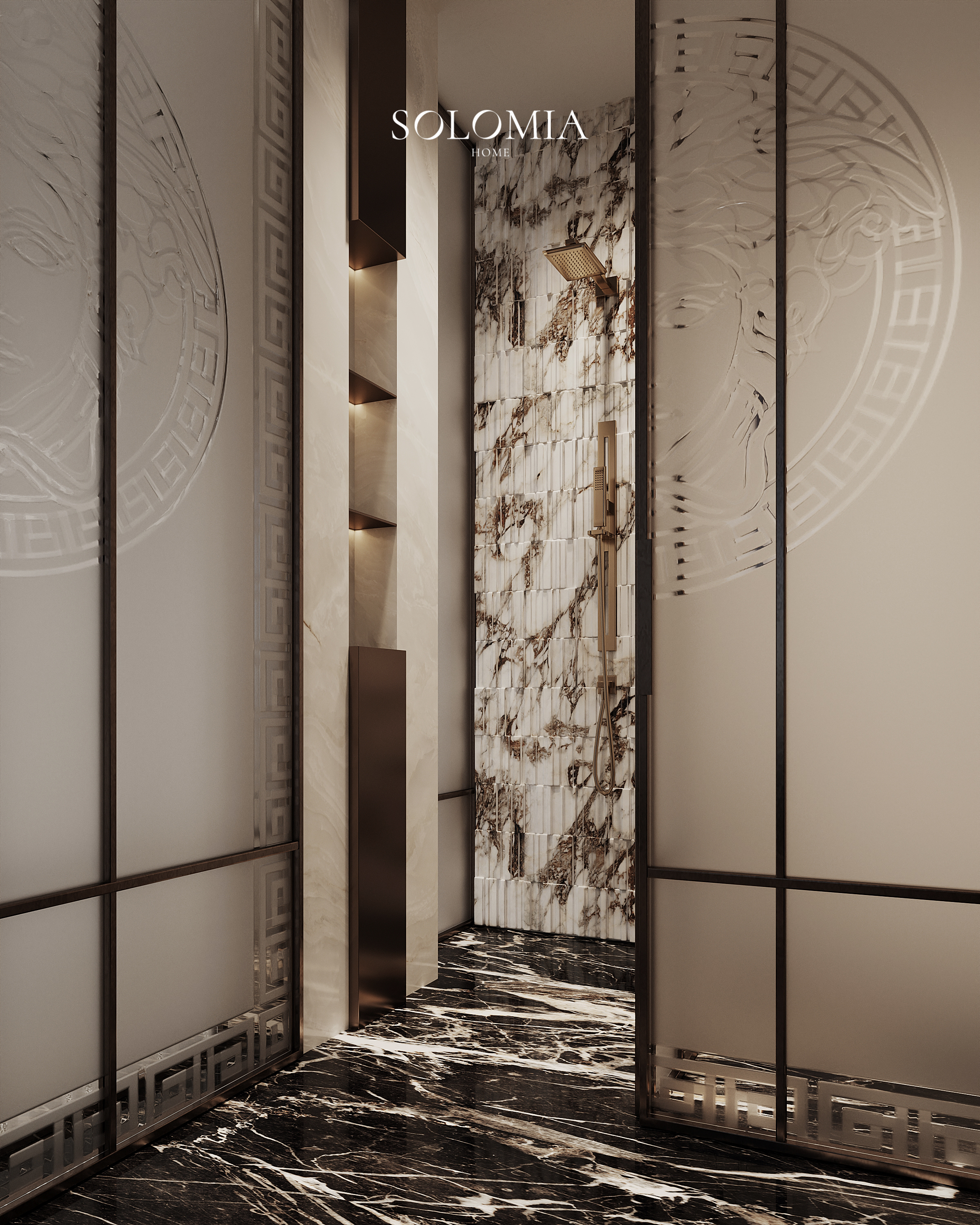 Medusa etched glass door, Versace Villa — luxury interior design Dubai