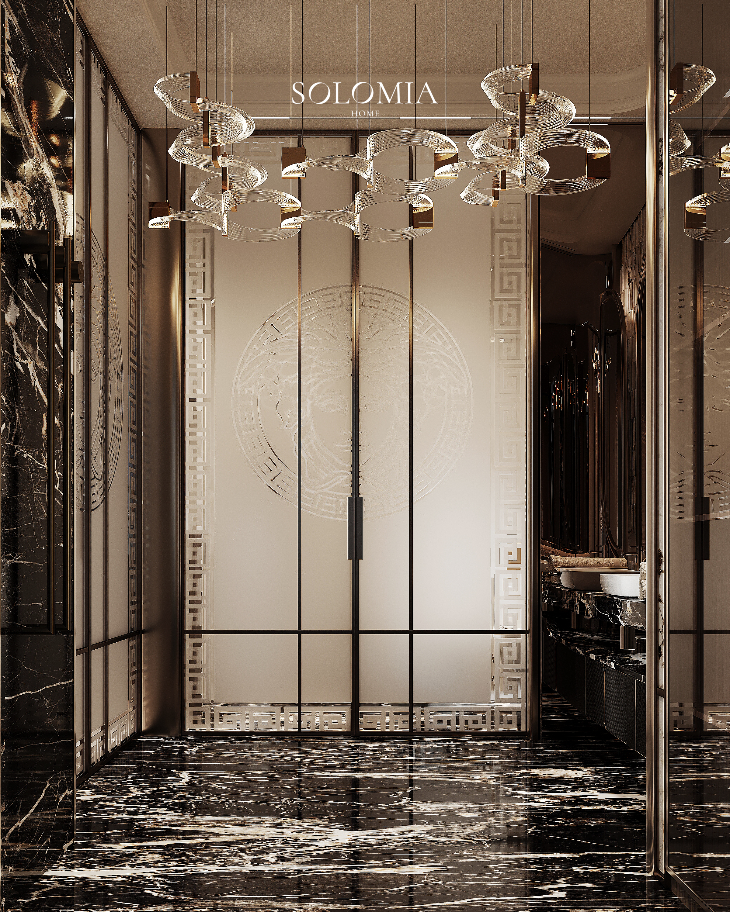 Master bathroom with butterfly chandelier, Versace Villa — luxury interior design Dubai