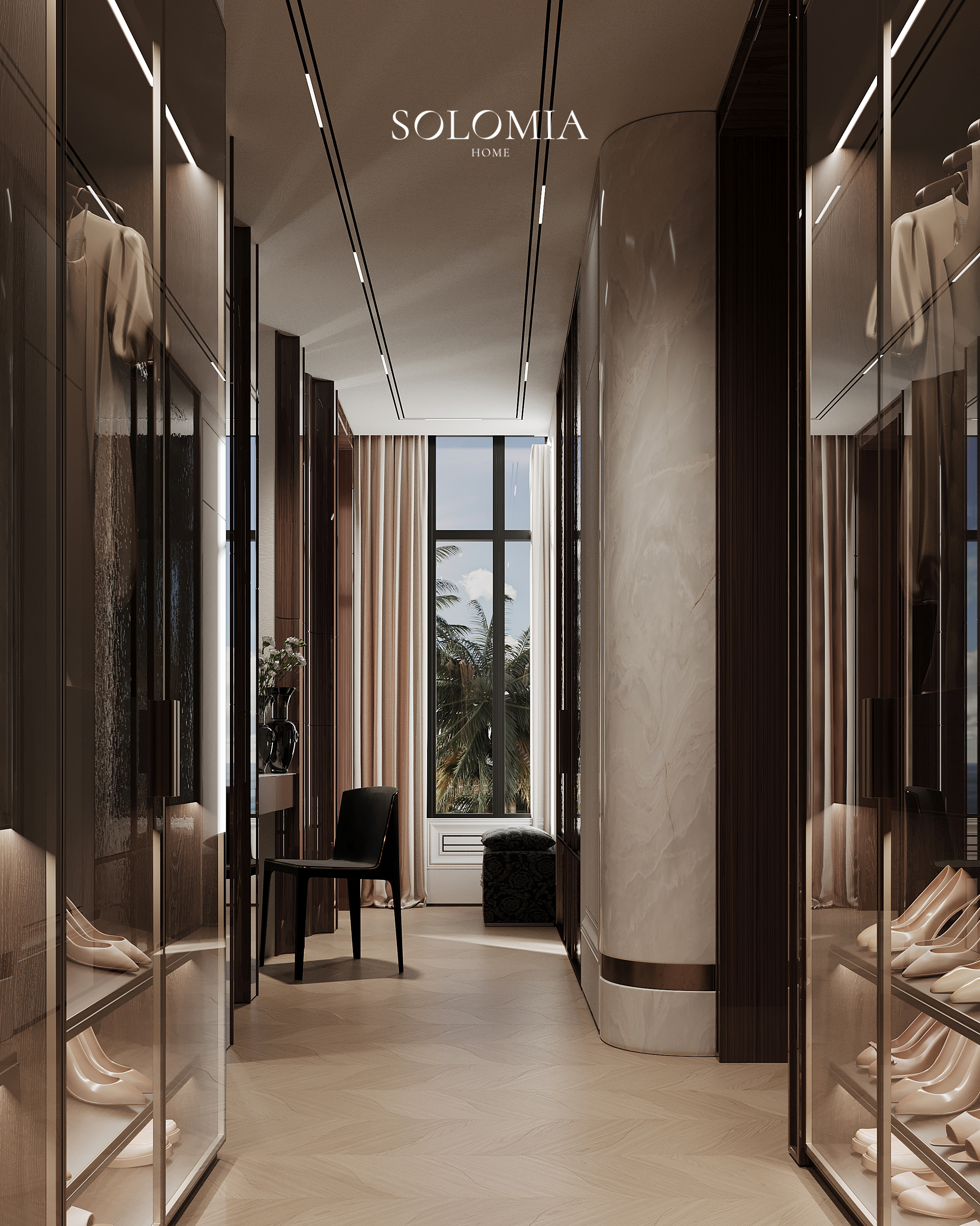 Master wardrobe with glass doors, Versace Villa — luxury interior design Dubai