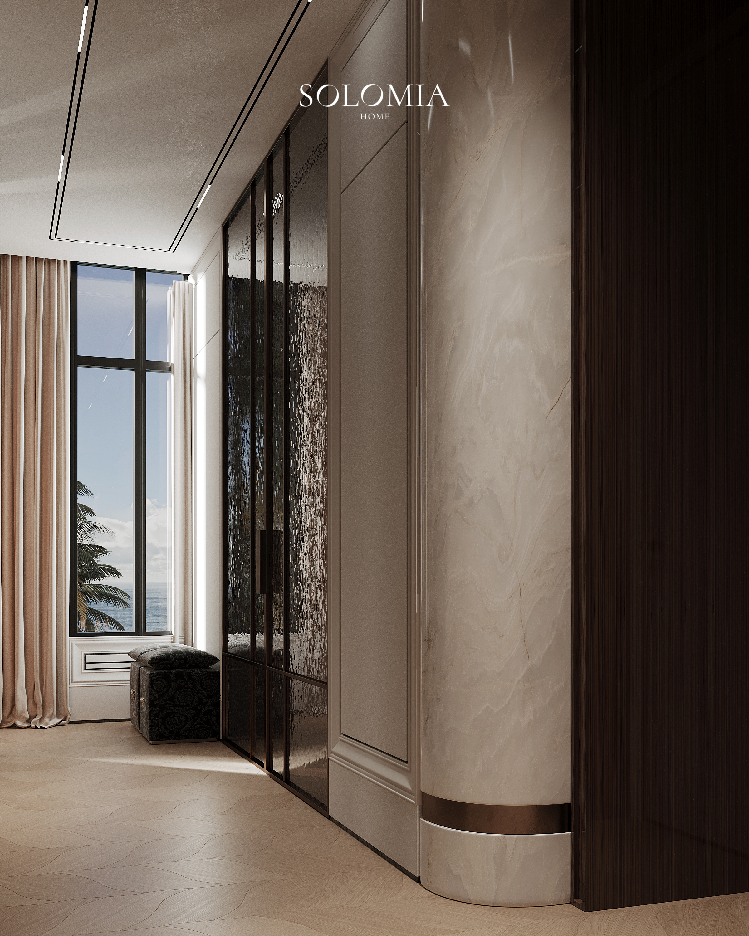Wardrobe with palm view, Versace Villa — luxury interior design Dubai
