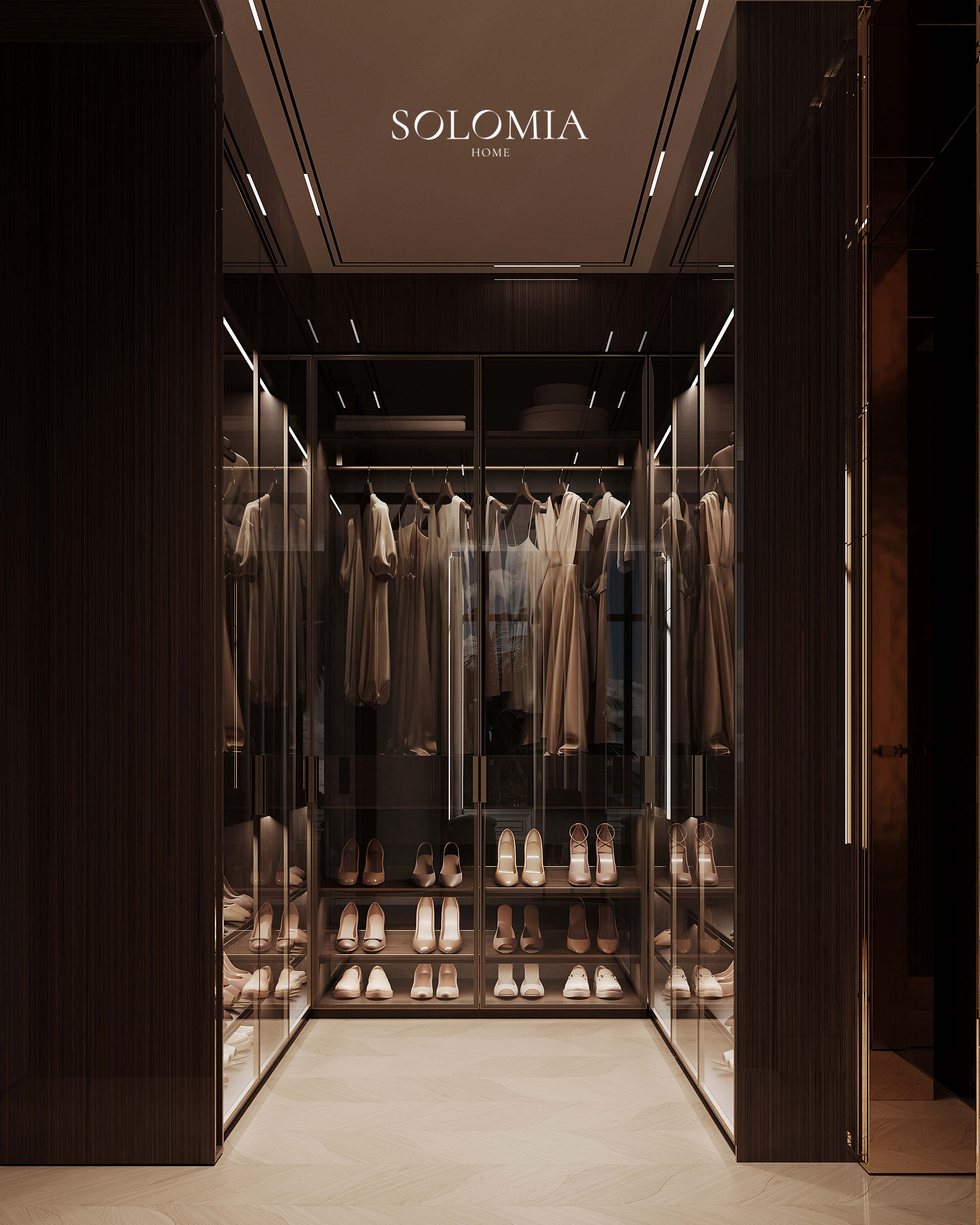 Walk-in wardrobe with shoe shelves, Versace Villa — luxury interior design Dubai