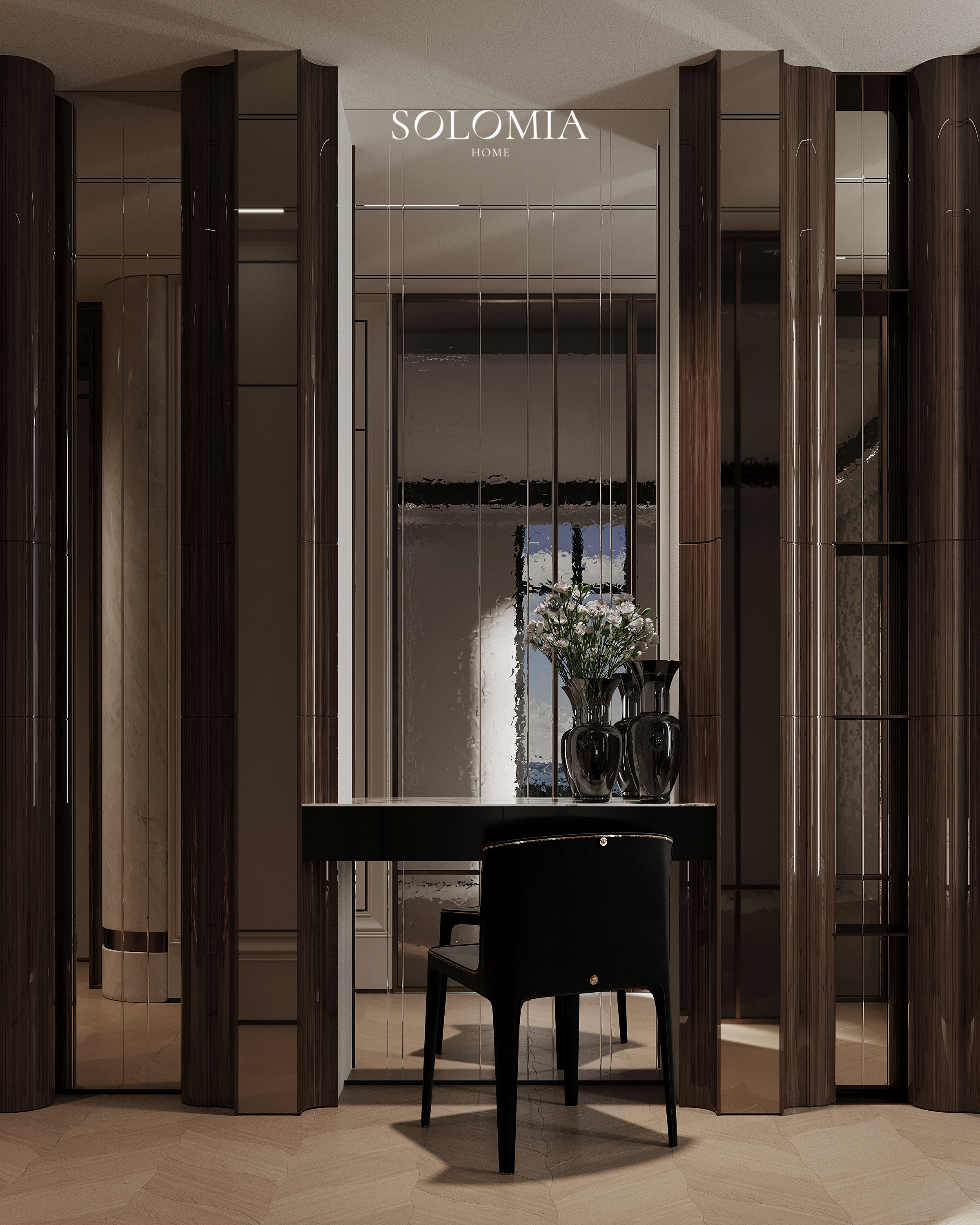 Dressing table with black chair, Versace Villa — luxury interior design Dubai