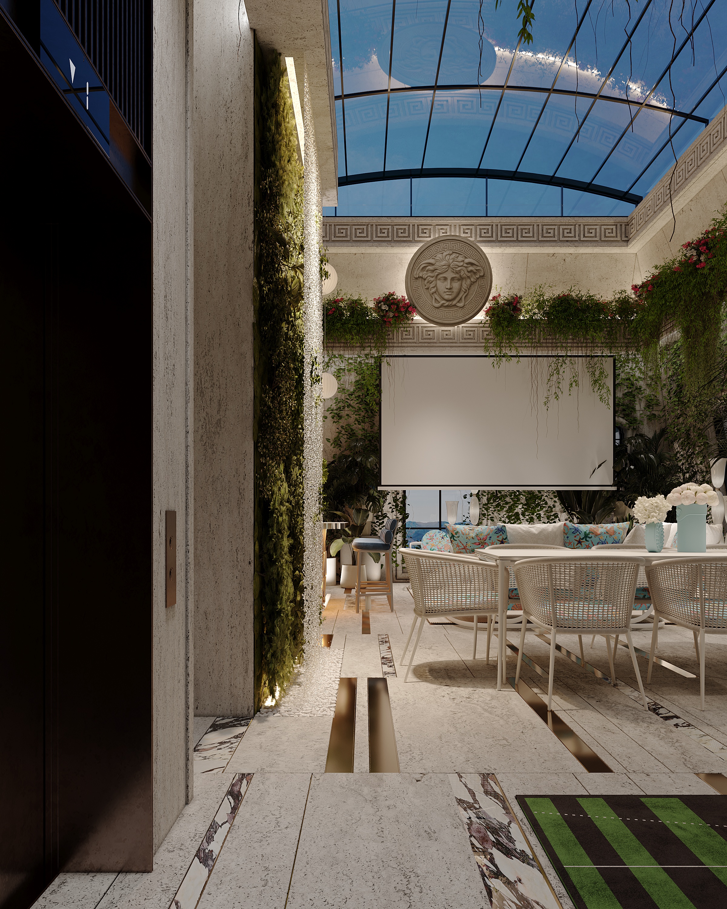 Covered terrace with green wall and Medusa relief, Versace Villa — villa exterior design Dubai