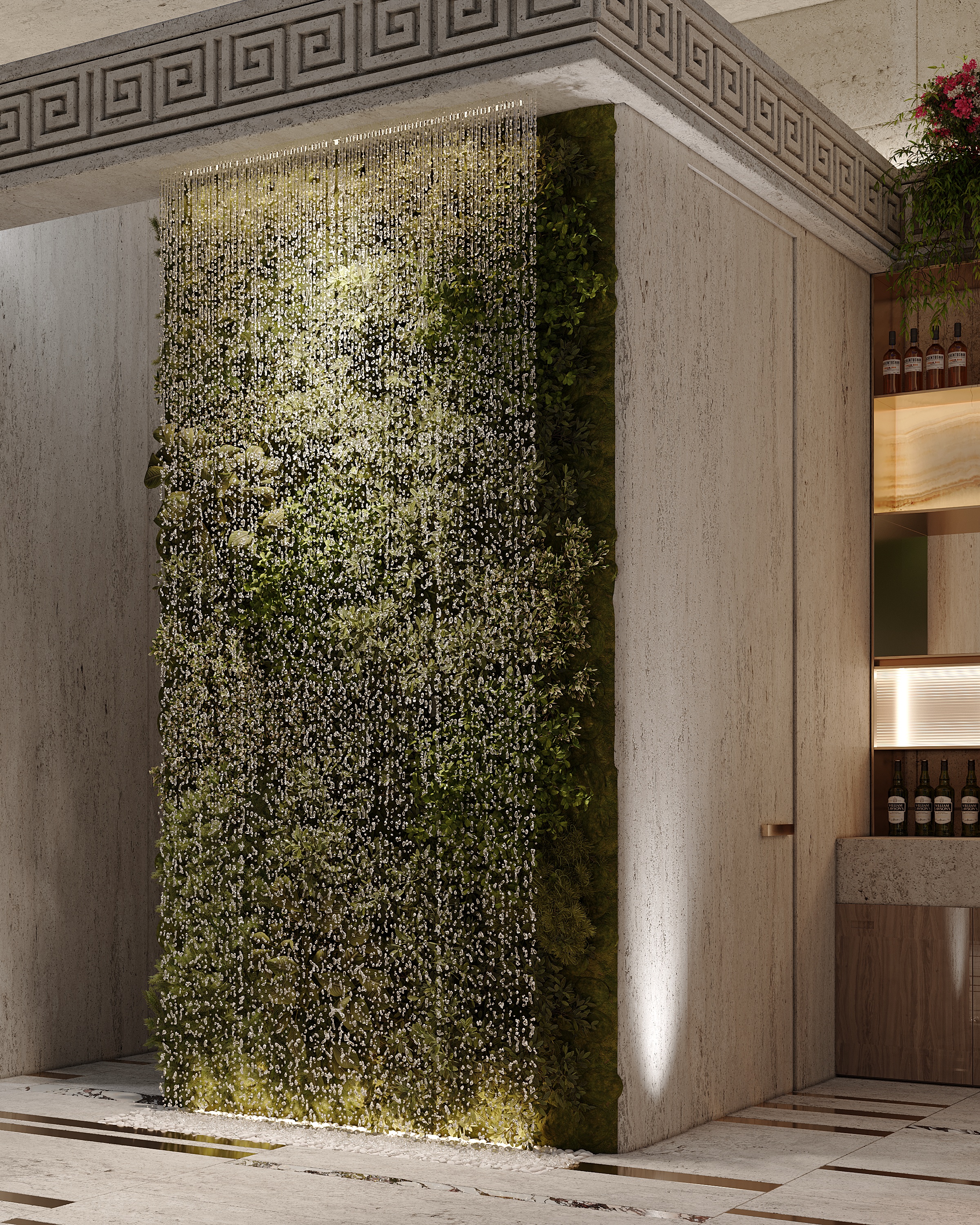 Green wall with Greek-key cornice, Versace Villa — villa exterior design Dubai