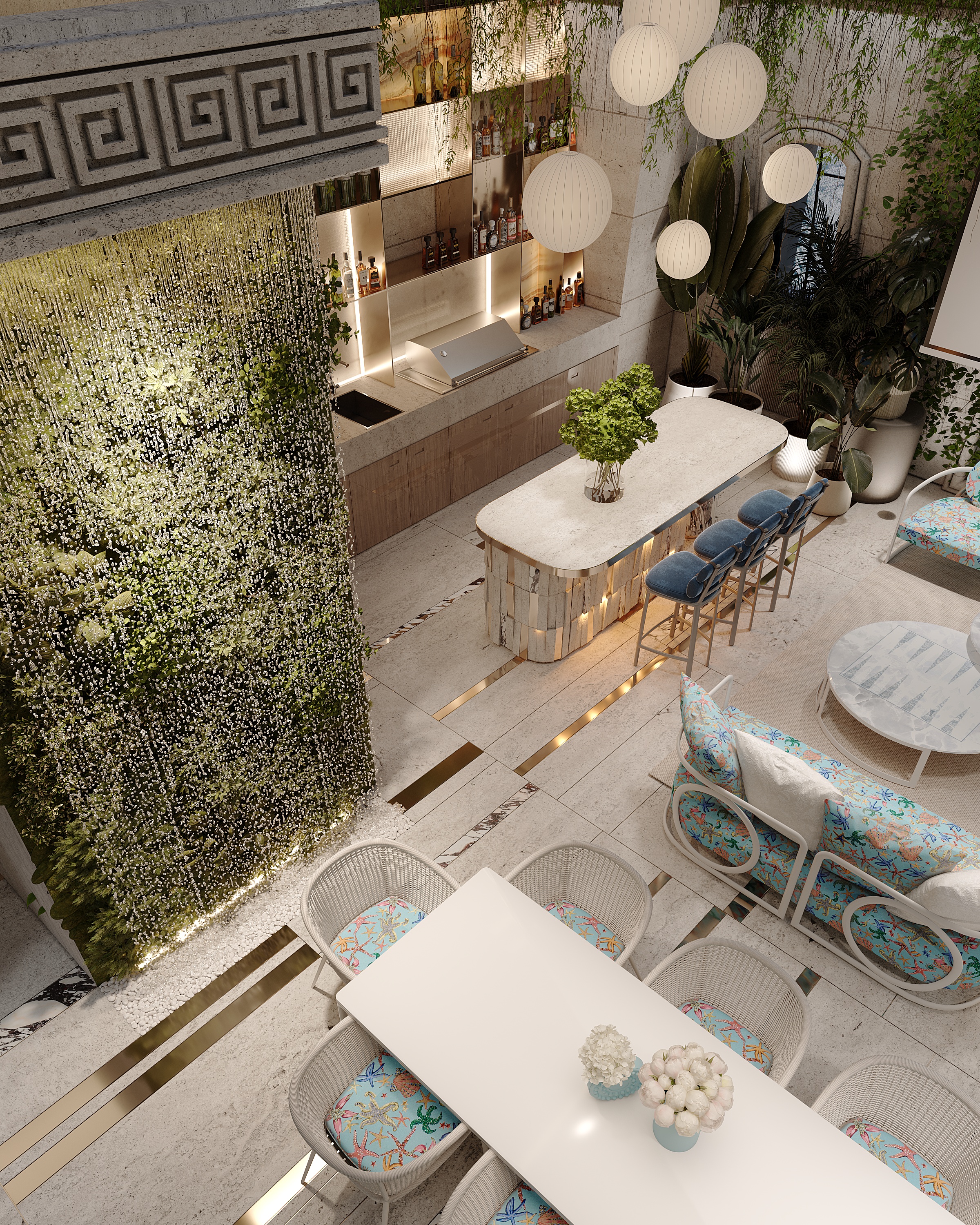 Terrace bar with green wall, aerial view, Versace Villa — villa exterior design Dubai