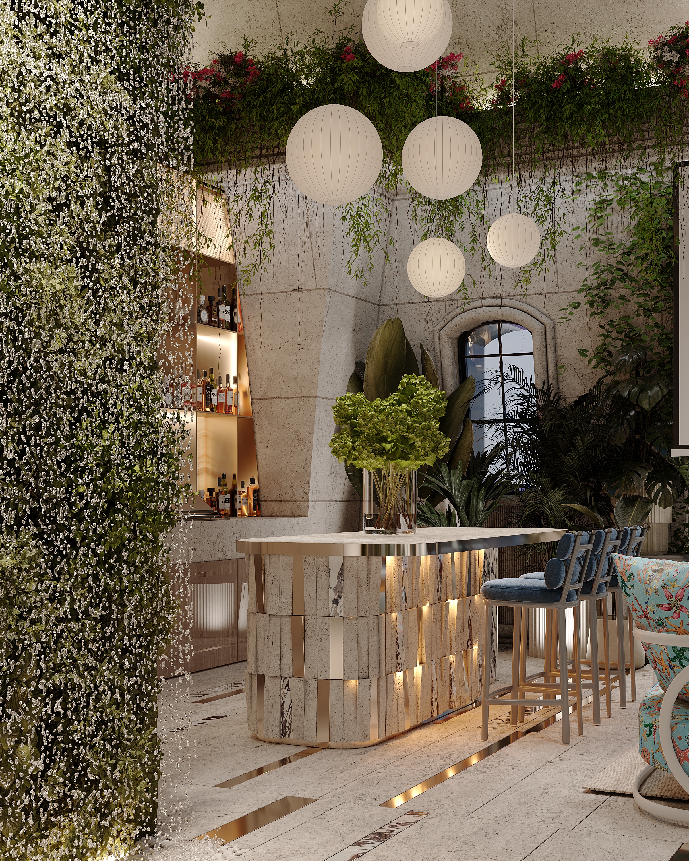 Terrace bar with paper lanterns, Versace Villa — villa exterior design Dubai