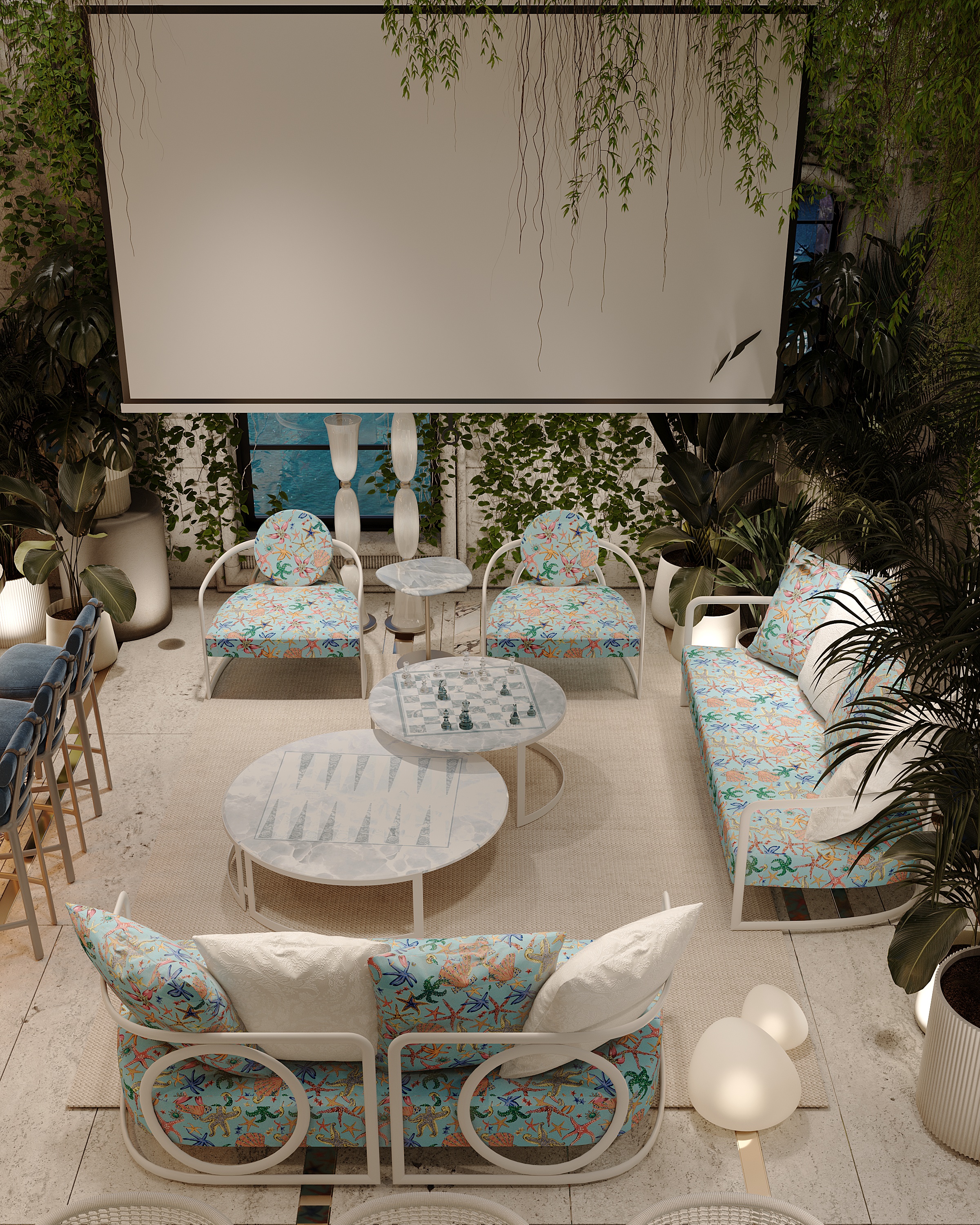 Terrace lounge with outdoor screen, Versace Villa — villa exterior design Dubai