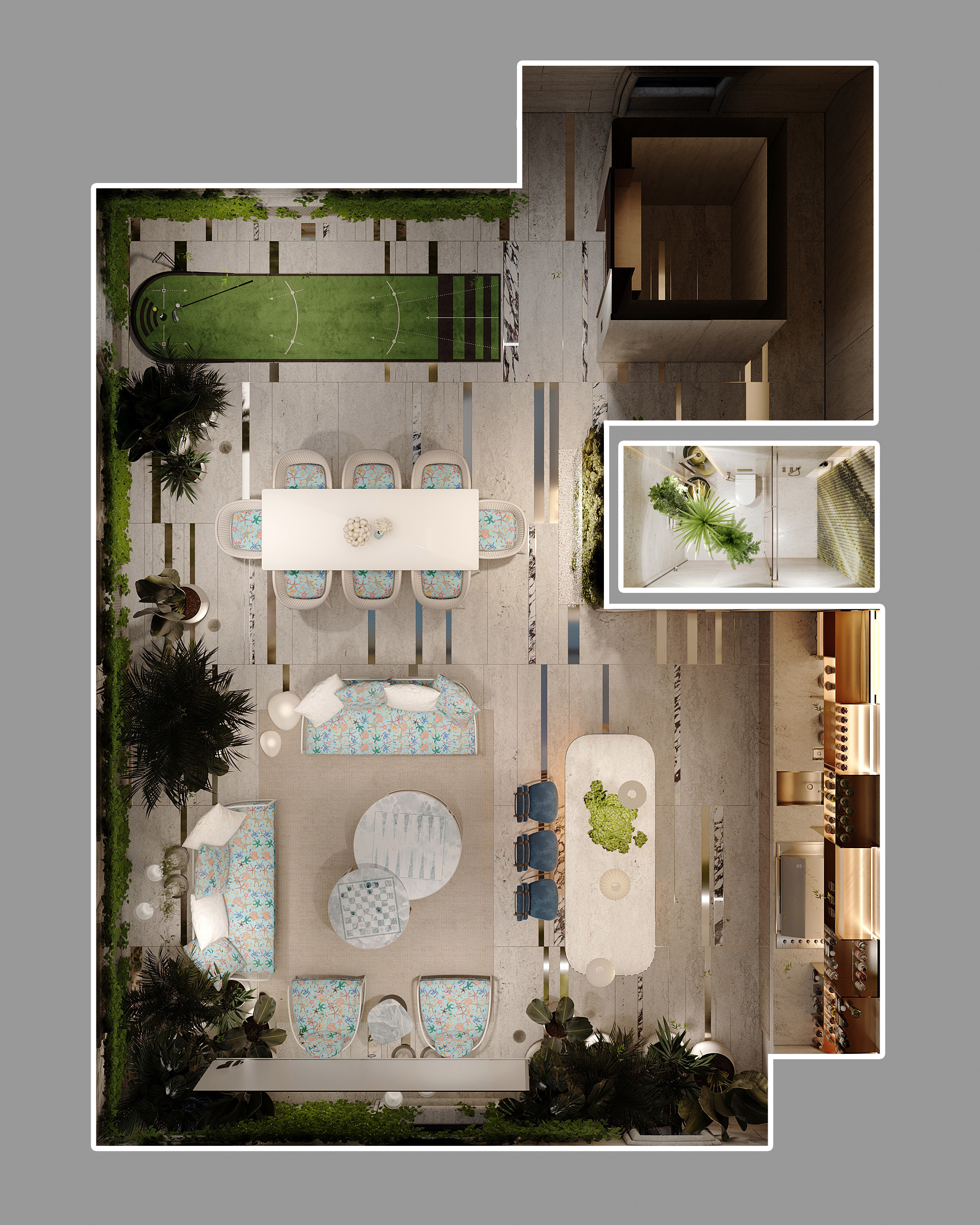 Terrace layout, top view, Versace Villa — interior design project