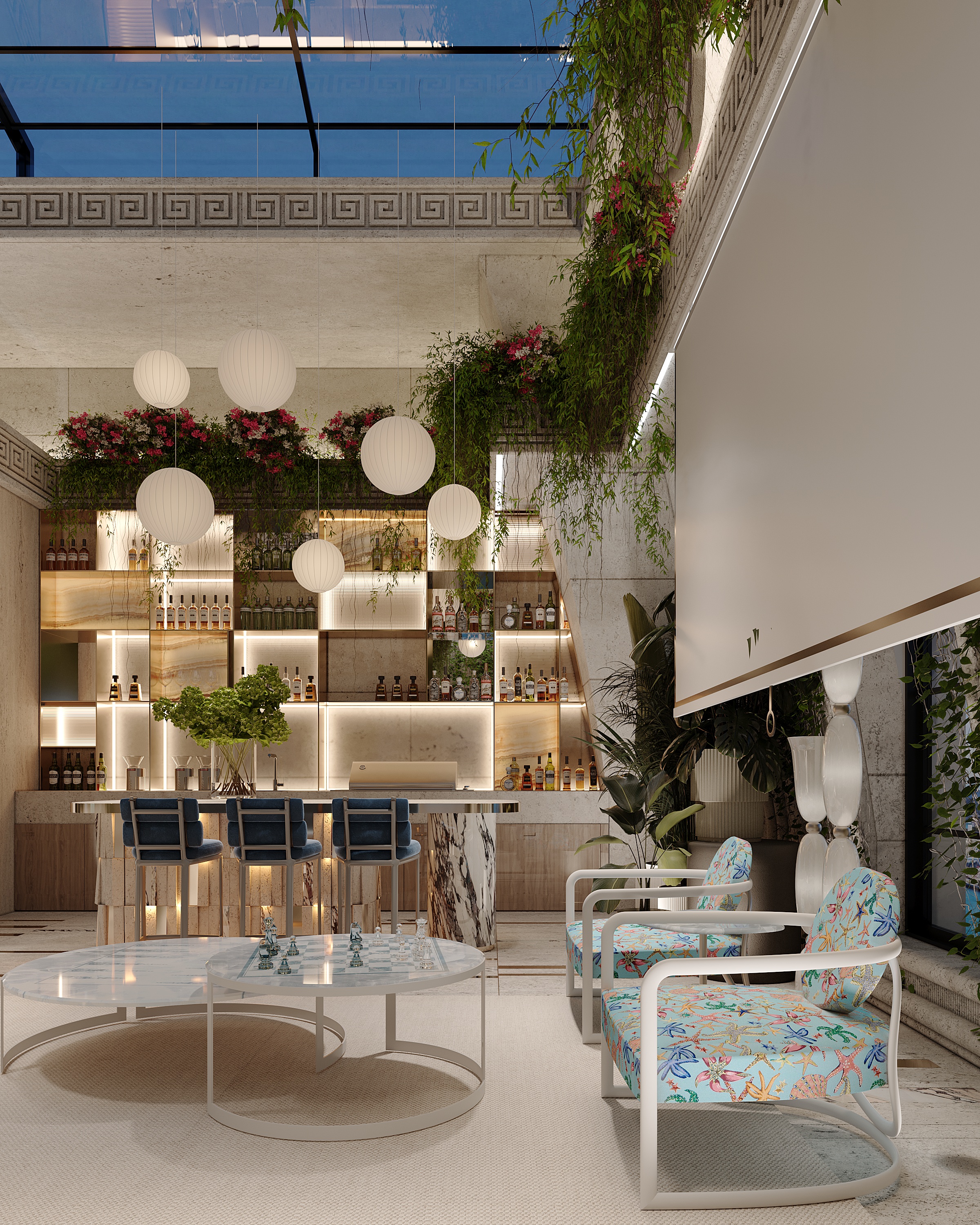 Terrace bar with paper lanterns and glass roof, Versace Villa — villa exterior design Dubai
