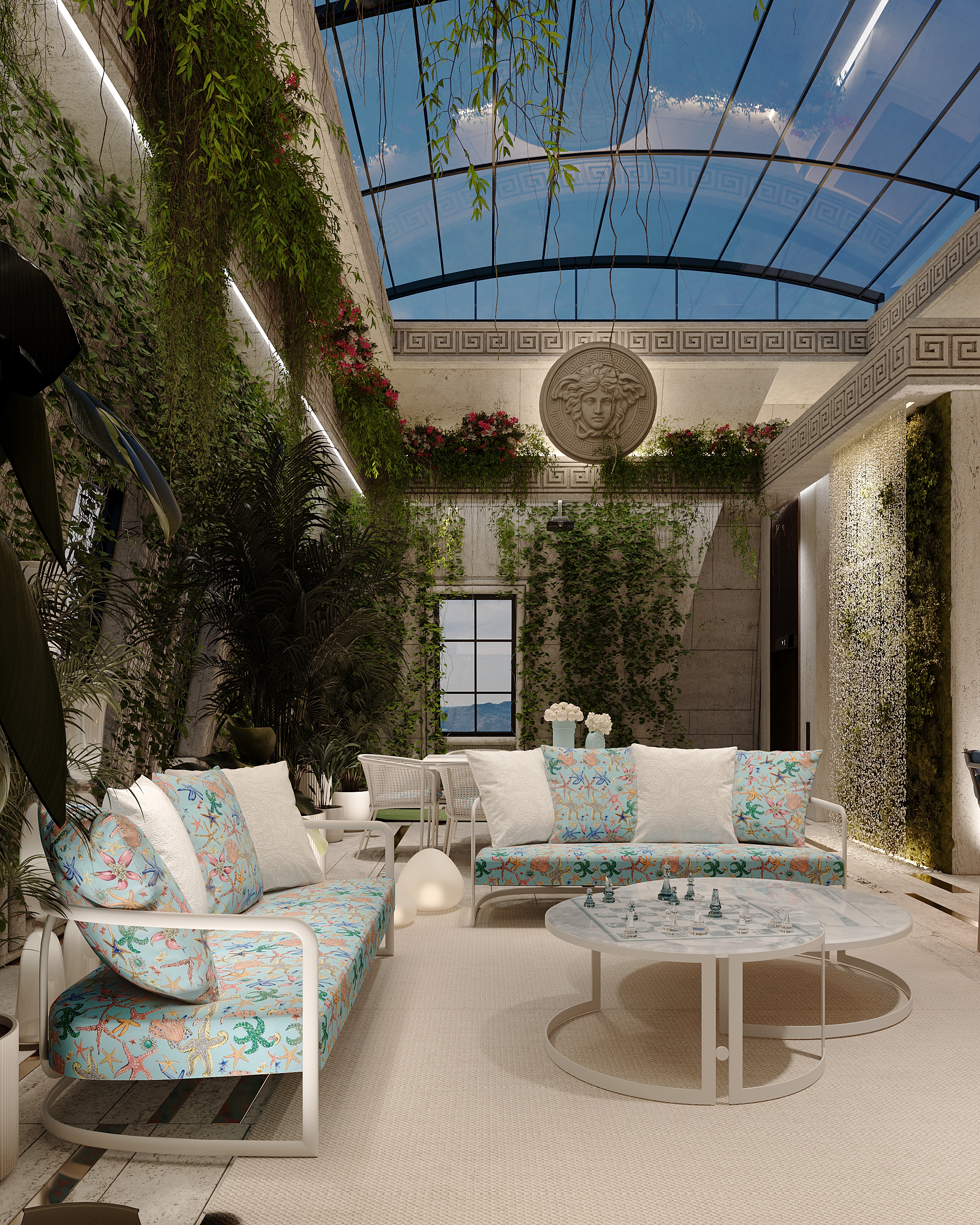 Terrace lounge with floral sofas, Versace Villa — villa exterior design Dubai