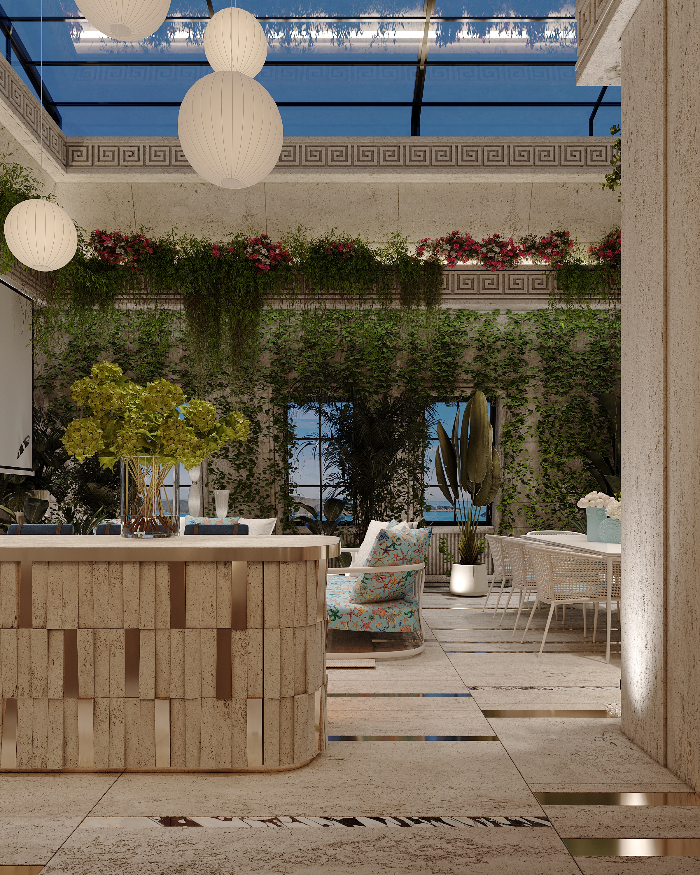 Terrace bar counter with plants, Versace Villa — villa exterior design Dubai