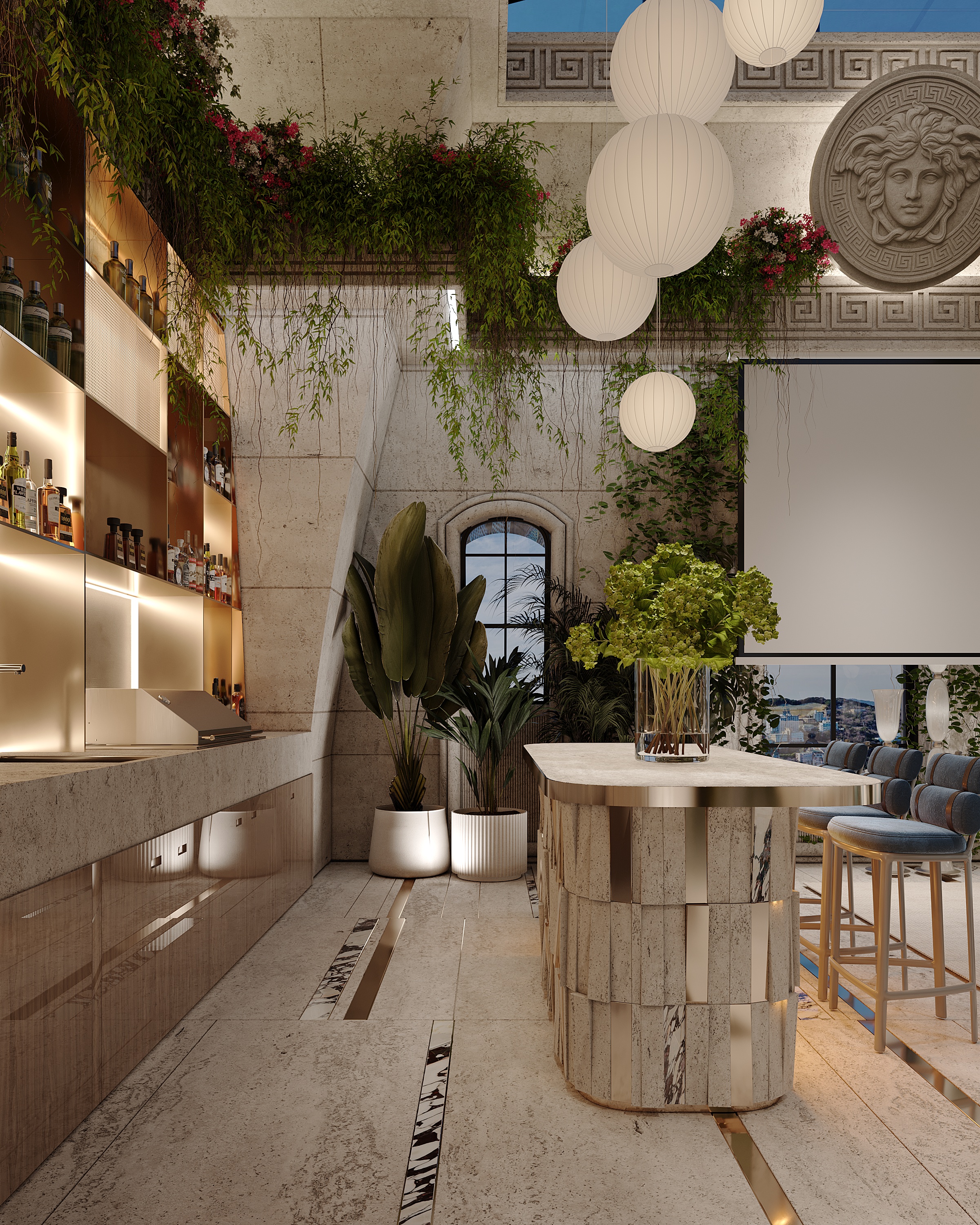 Terrace bar with lanterns and Medusa emblem, Versace Villa — villa exterior design Dubai