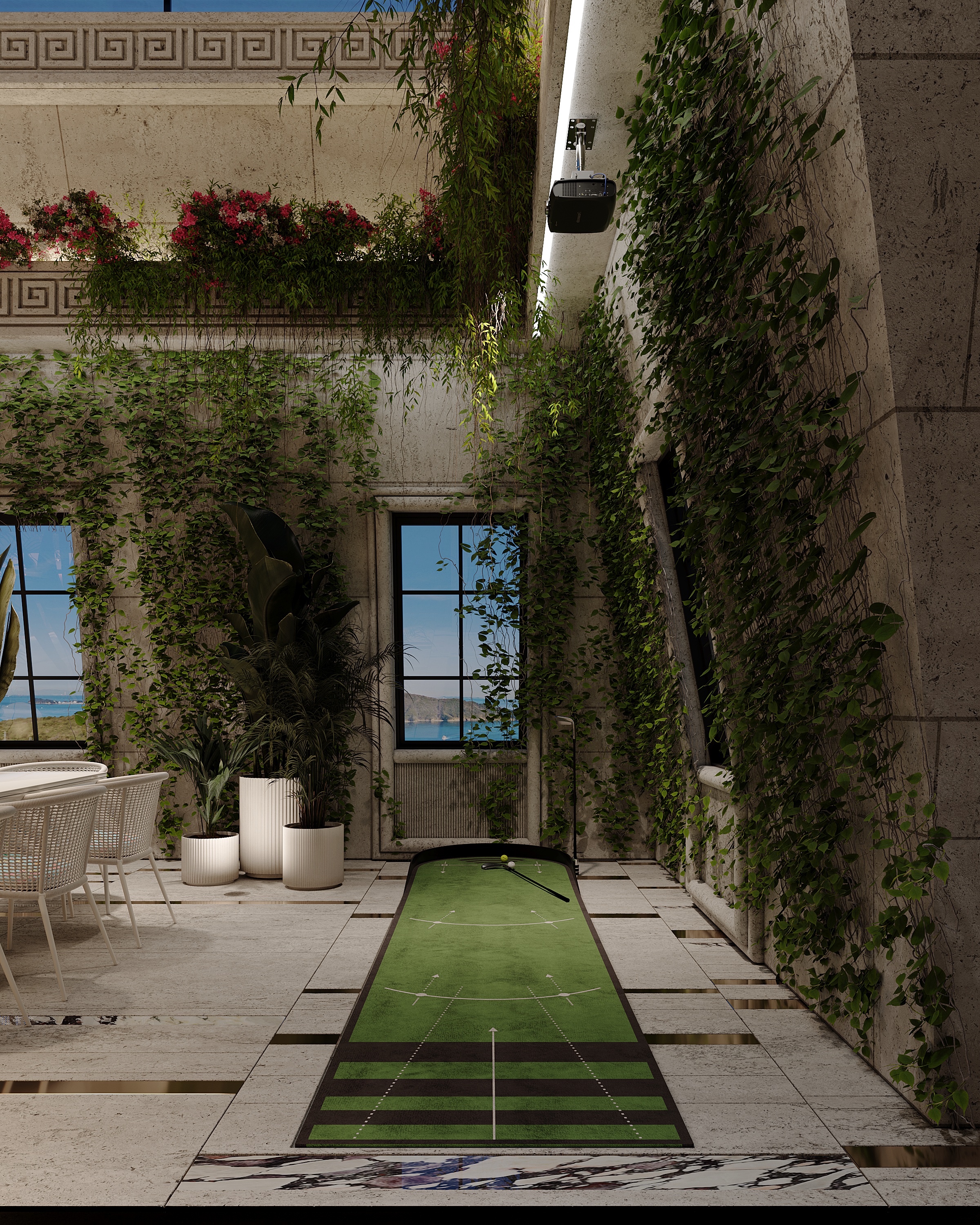 Terrace with putting green and ivy walls, Versace Villa — villa exterior design Dubai