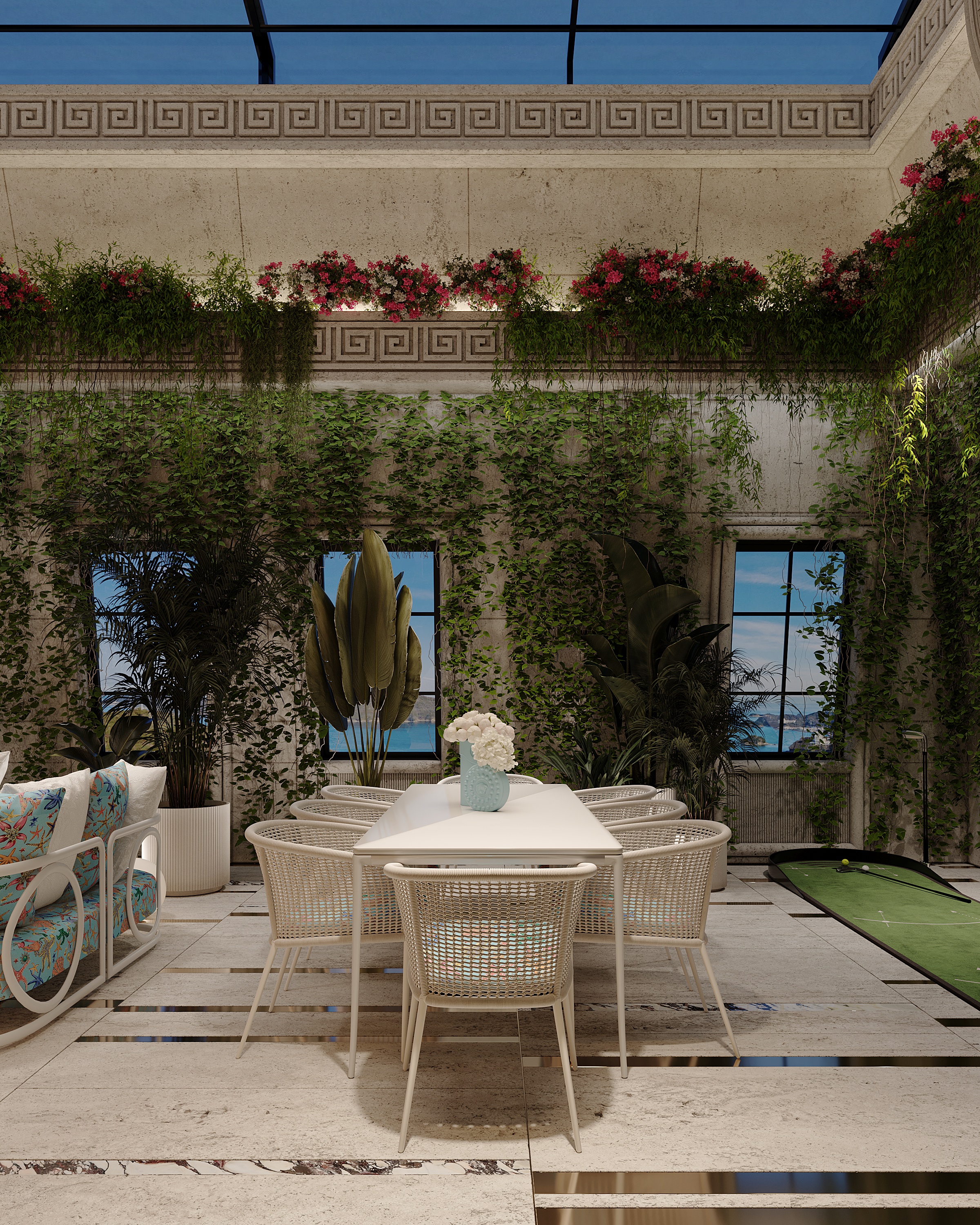Terrace dining with ivy walls, Versace Villa — villa exterior design Dubai