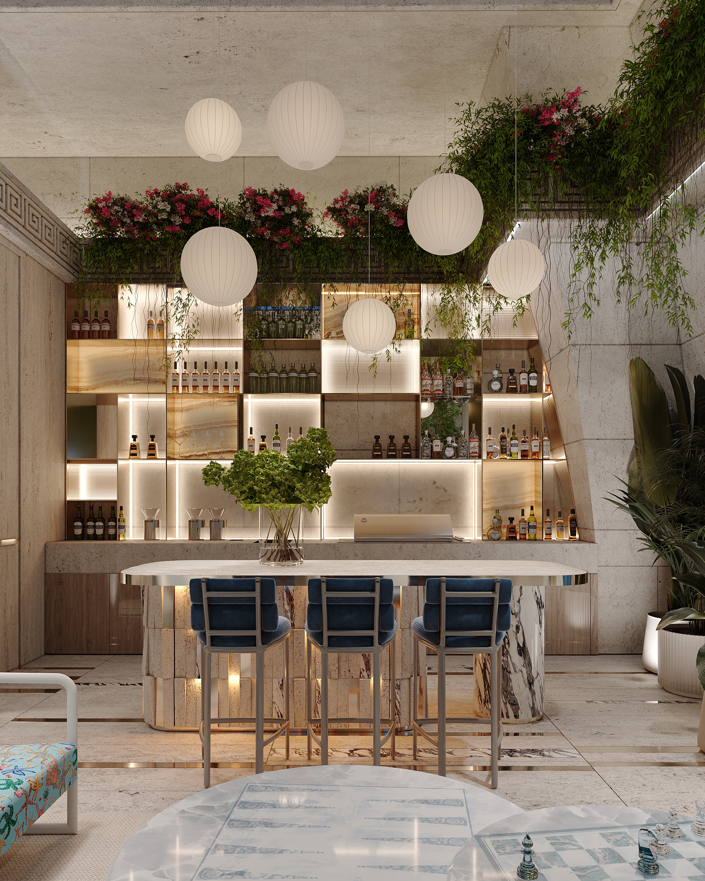 Terrace bar with lit shelving, Versace Villa — villa exterior design Dubai