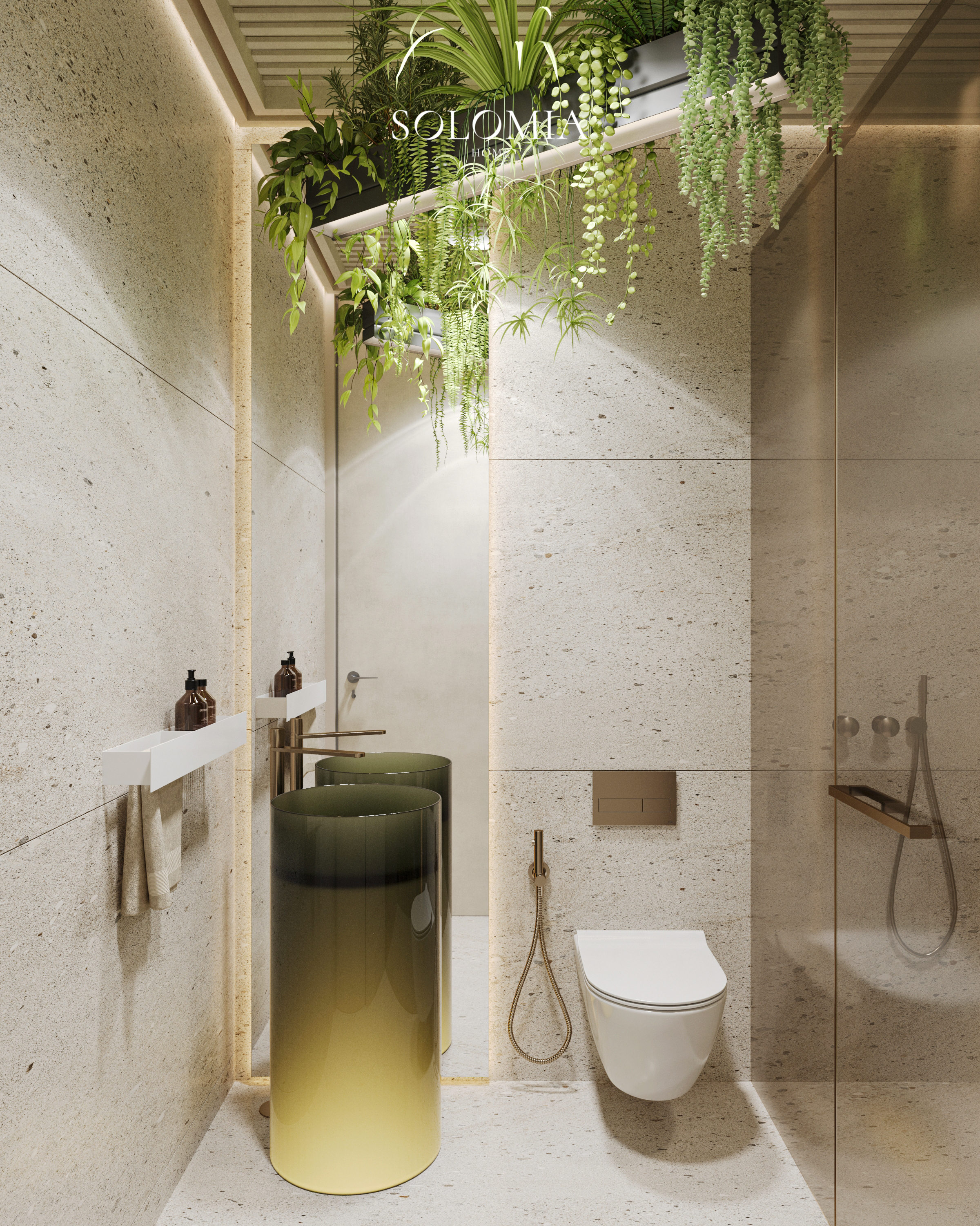 Terrace bathroom with green glass basin, Versace Villa — luxury interior design Dubai