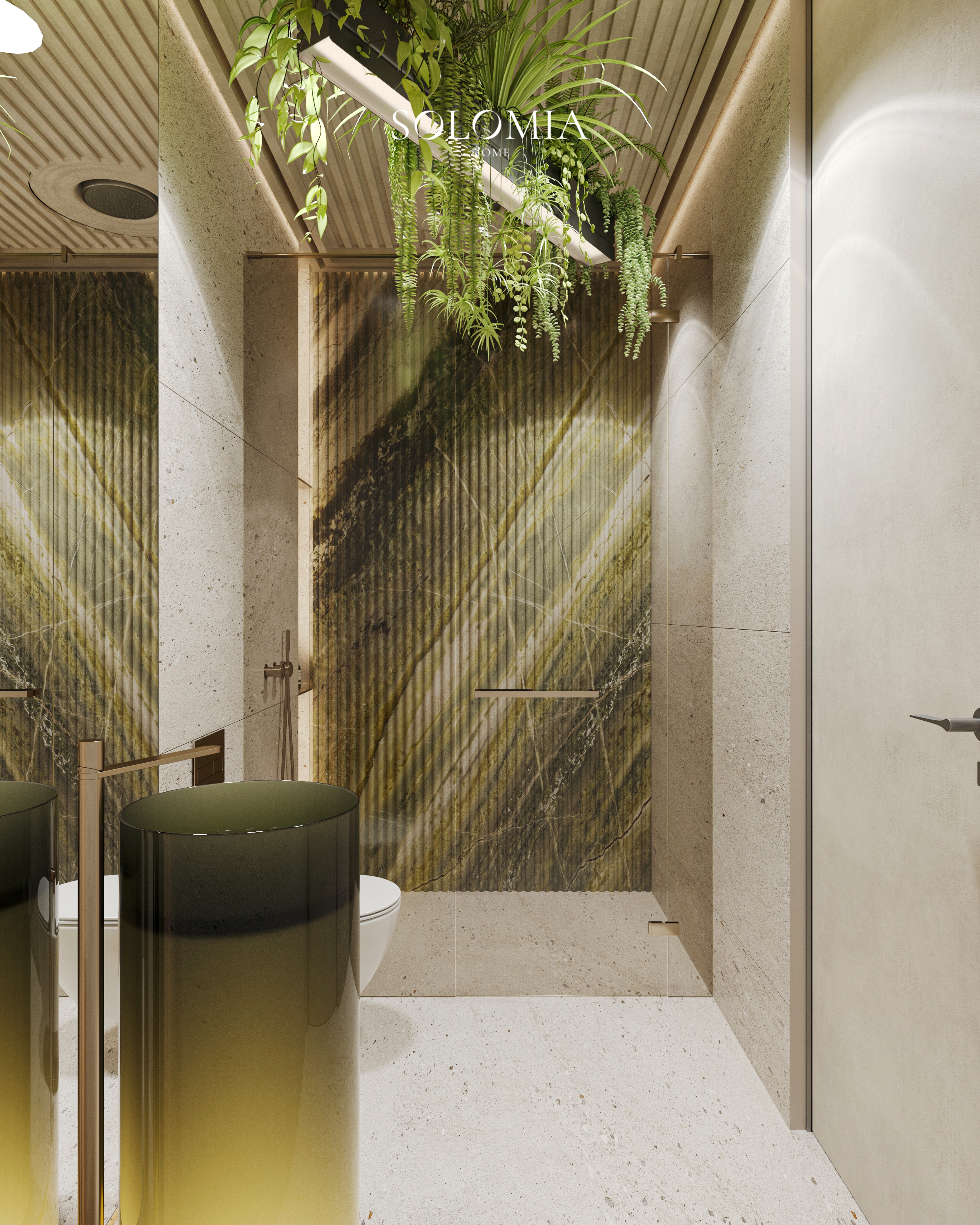 Bathroom with green marble and plants, Versace Villa — luxury interior design Dubai