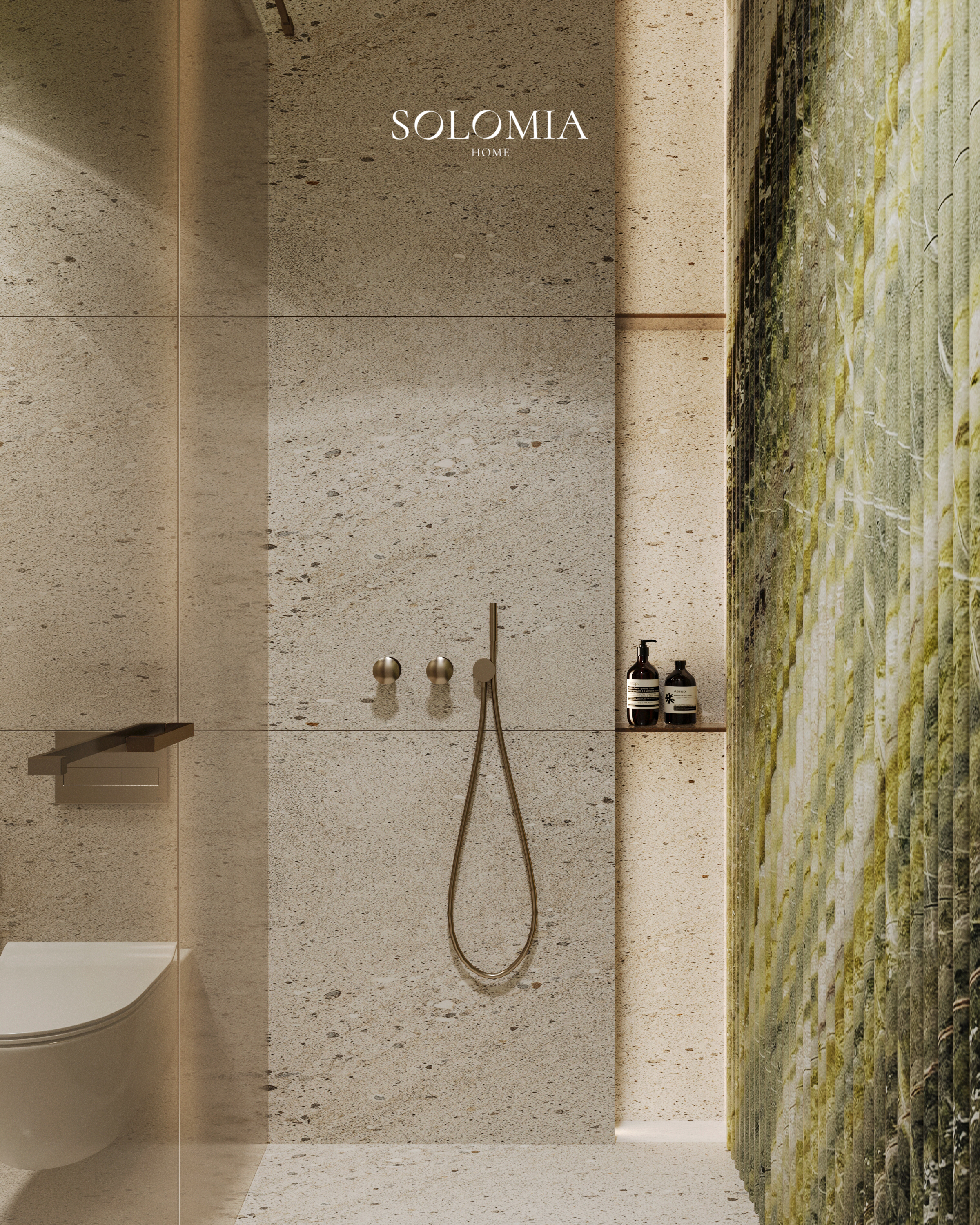 Shower with green marble wall, Versace Villa — luxury interior design Dubai