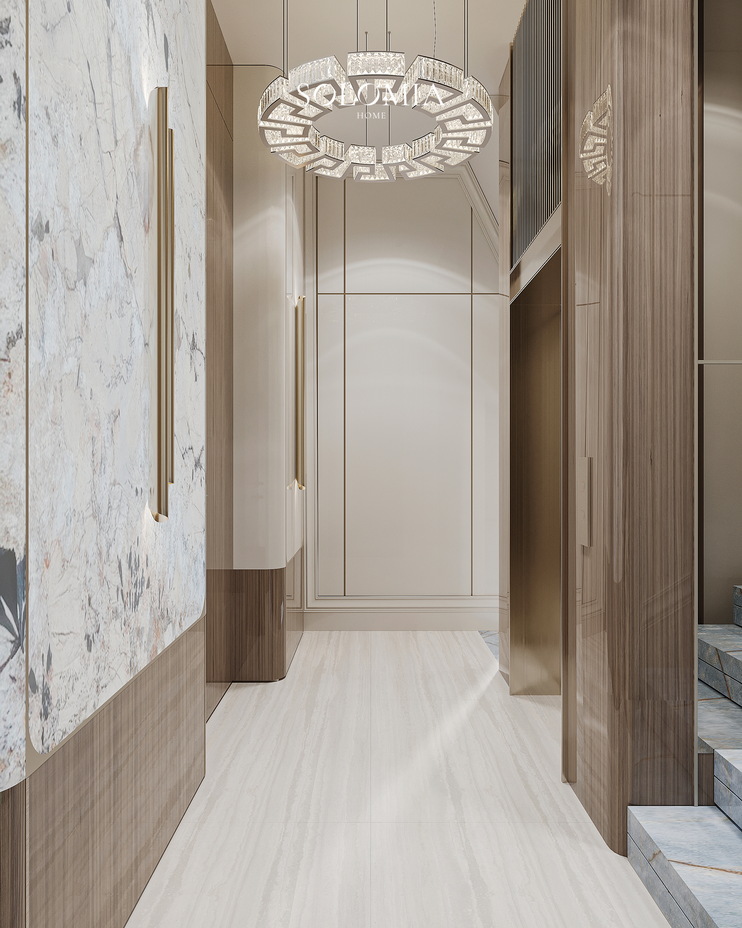Staircase hall with Greek-key chandelier, Versace Villa — luxury interior design Dubai