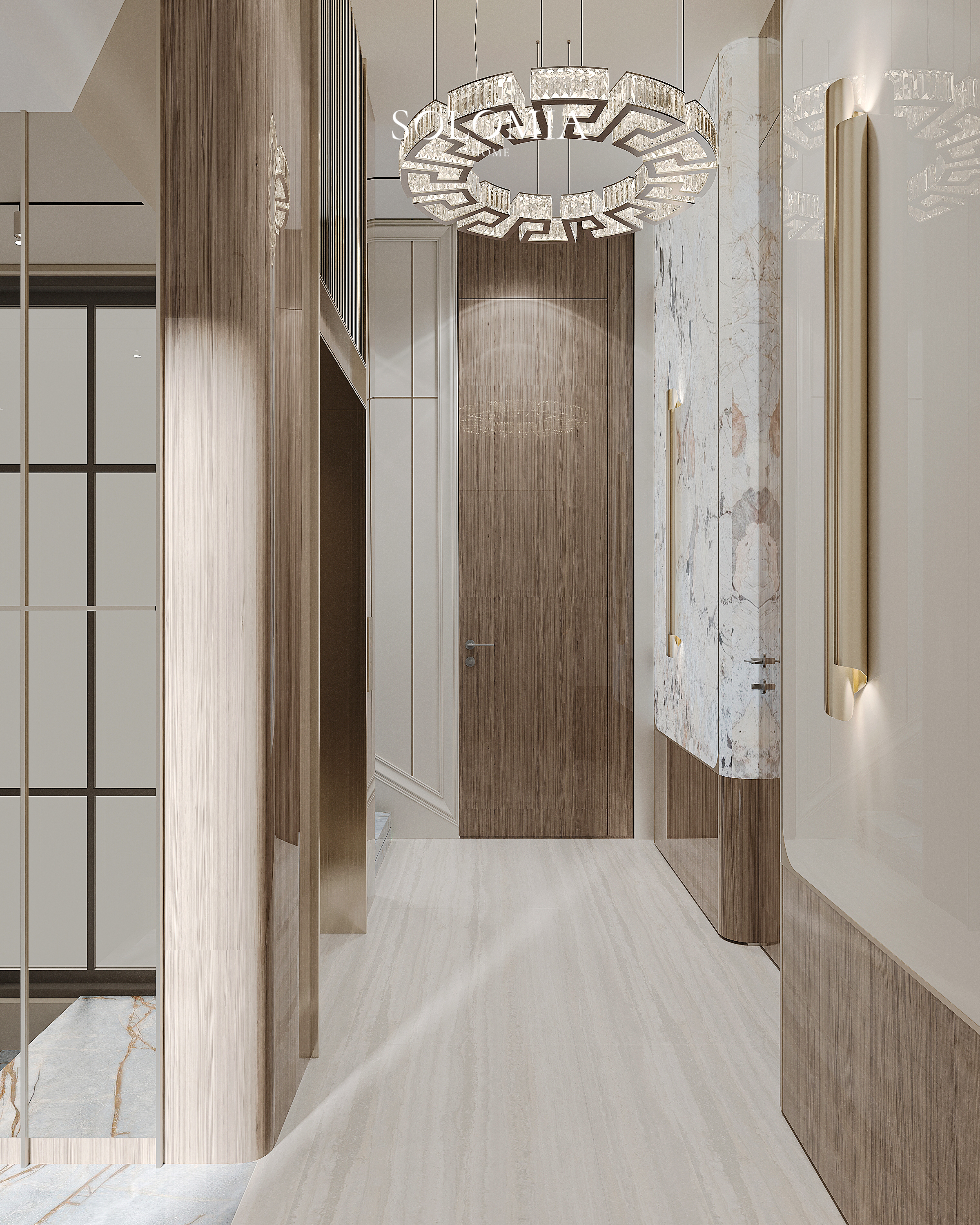 Hall with marble panels and brass light, Versace Villa — luxury interior design Dubai