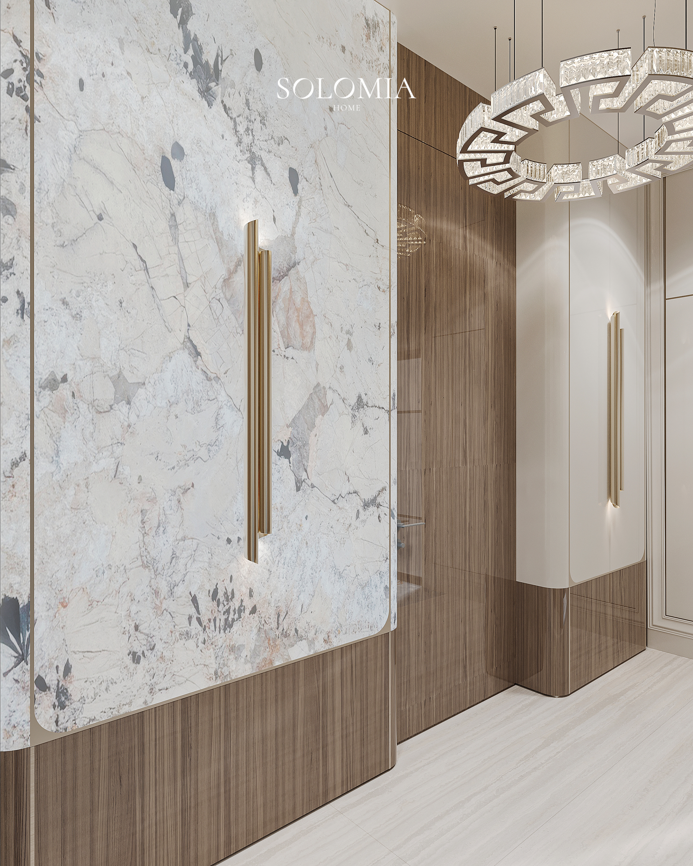 Marble wall with brass wall light, Versace Villa — luxury interior design Dubai