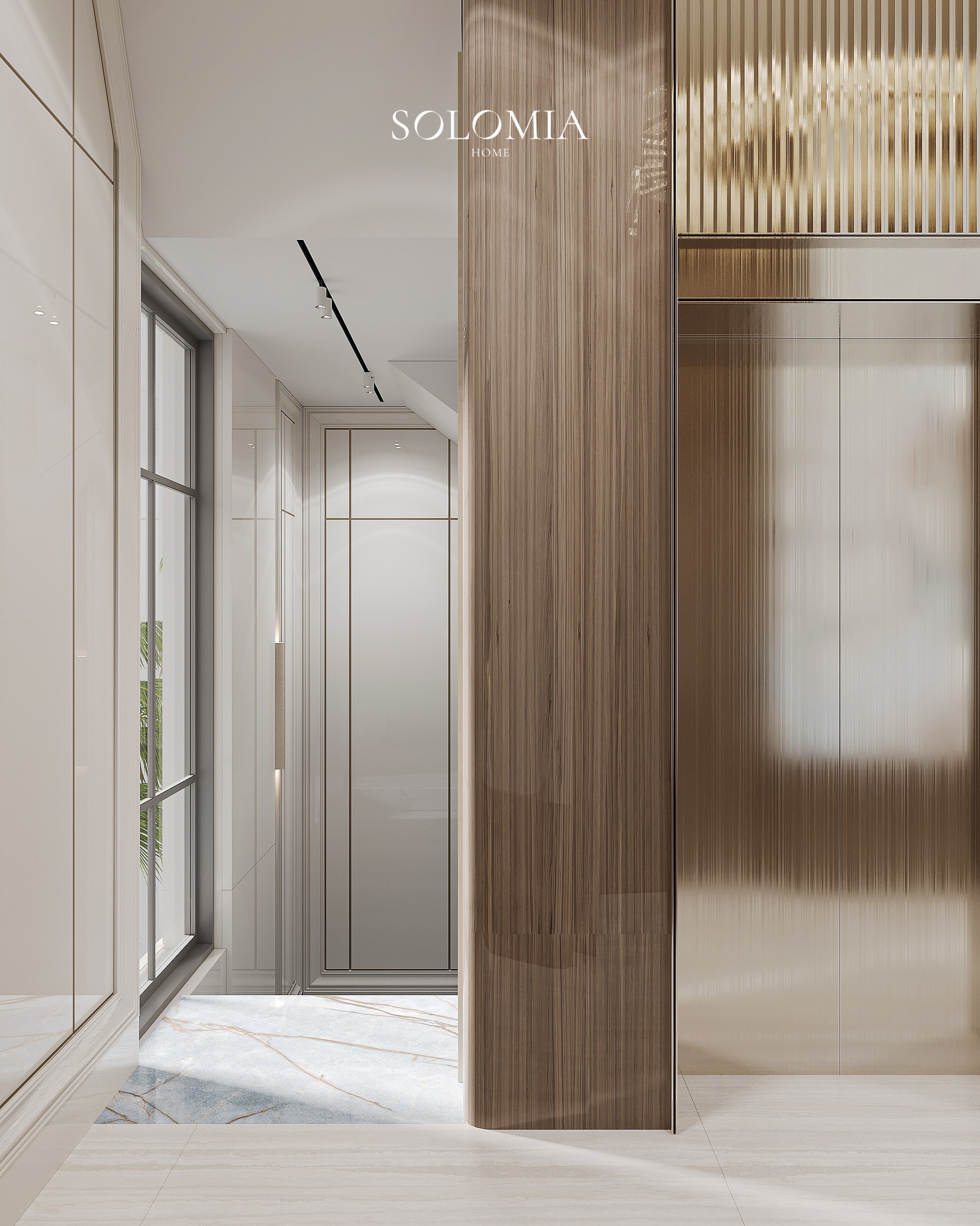 Hall with wood and glass partitions, Versace Villa — luxury interior design Dubai