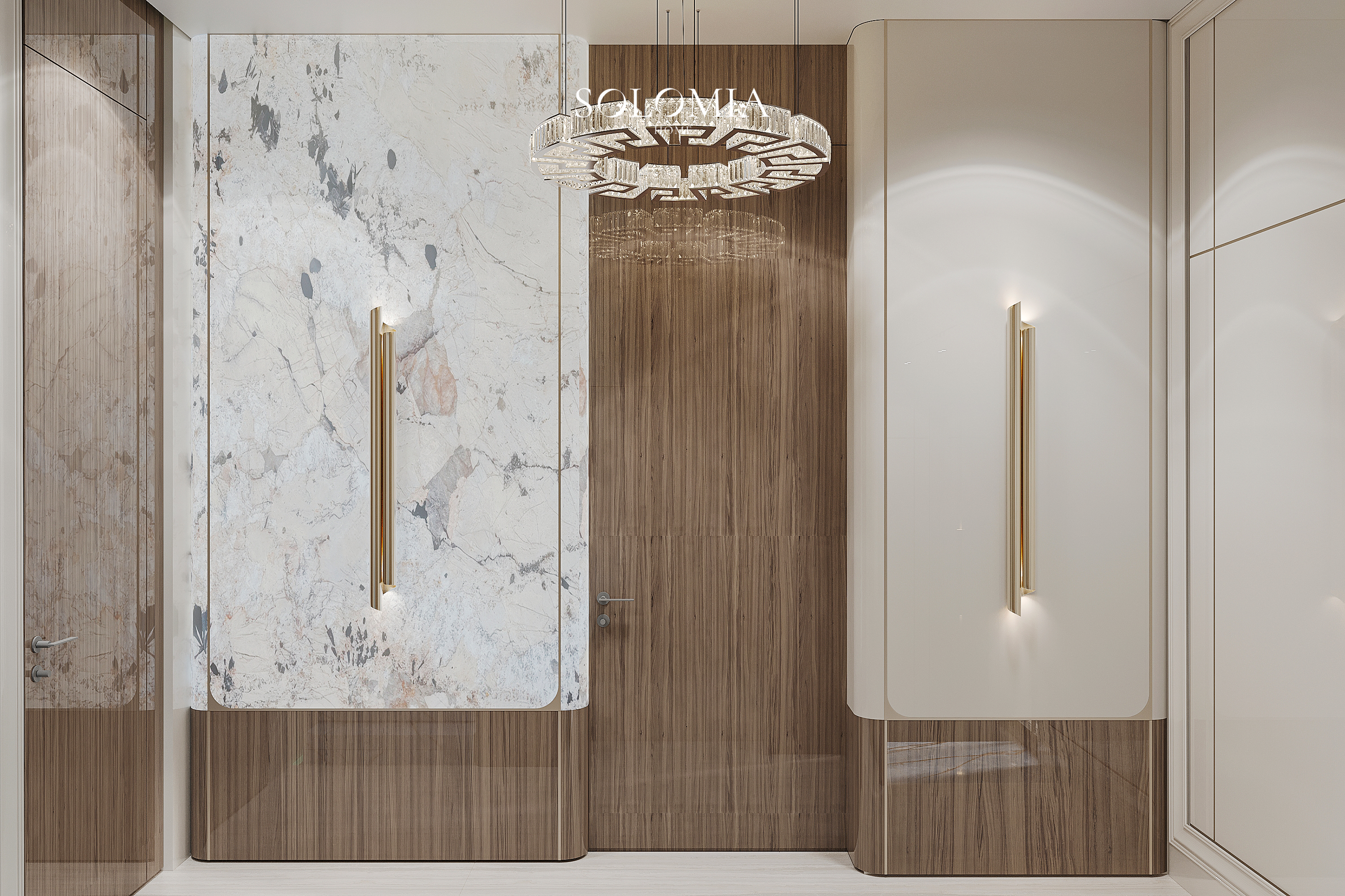 Hall with Greek-key chandelier and marble panels, Versace Villa — luxury interior design Dubai