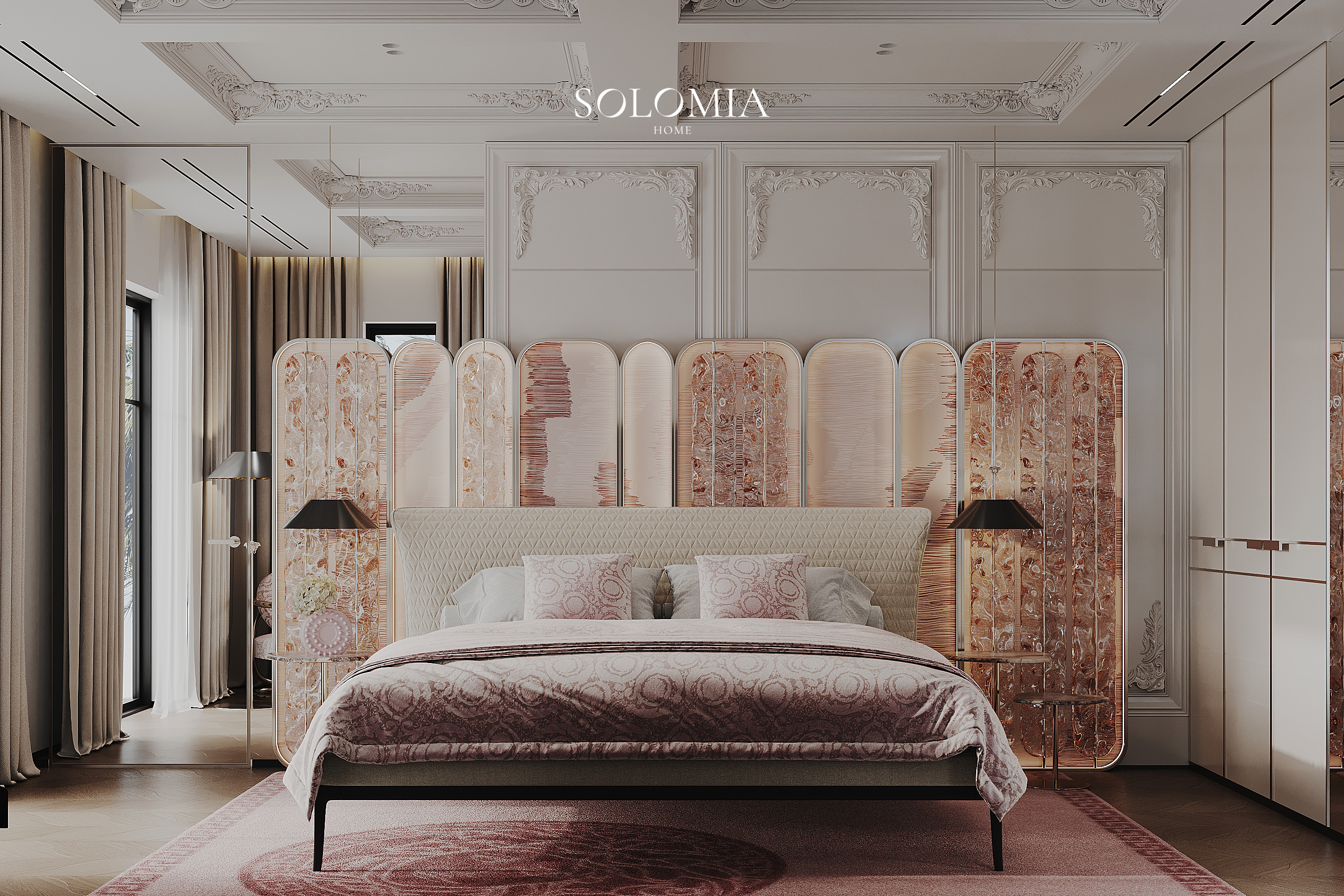 Bedroom with pink marble headboard panels, Versace Villa — luxury interior design Dubai