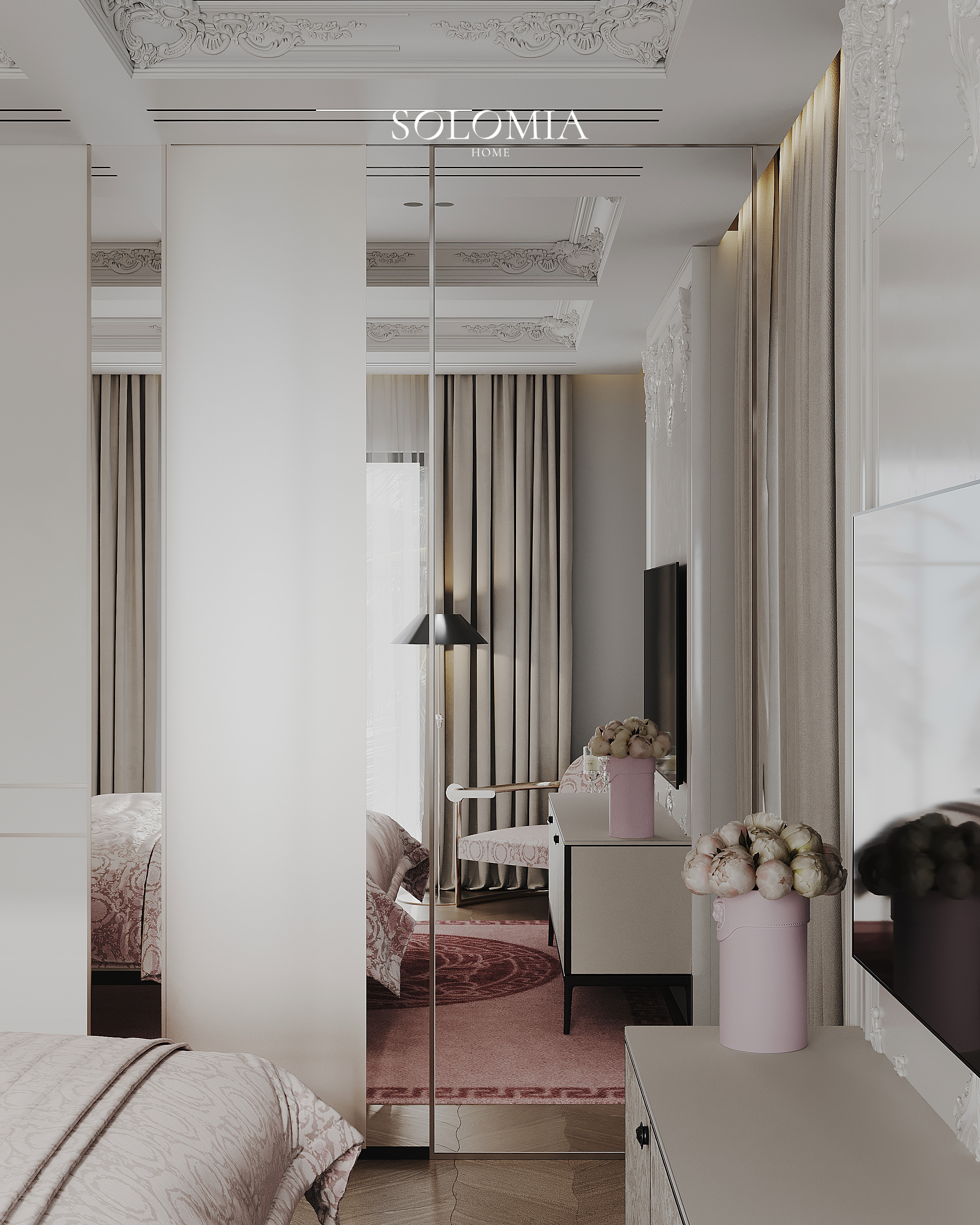 Bedroom with mirror wardrobe and flowers, Versace Villa — luxury interior design Dubai