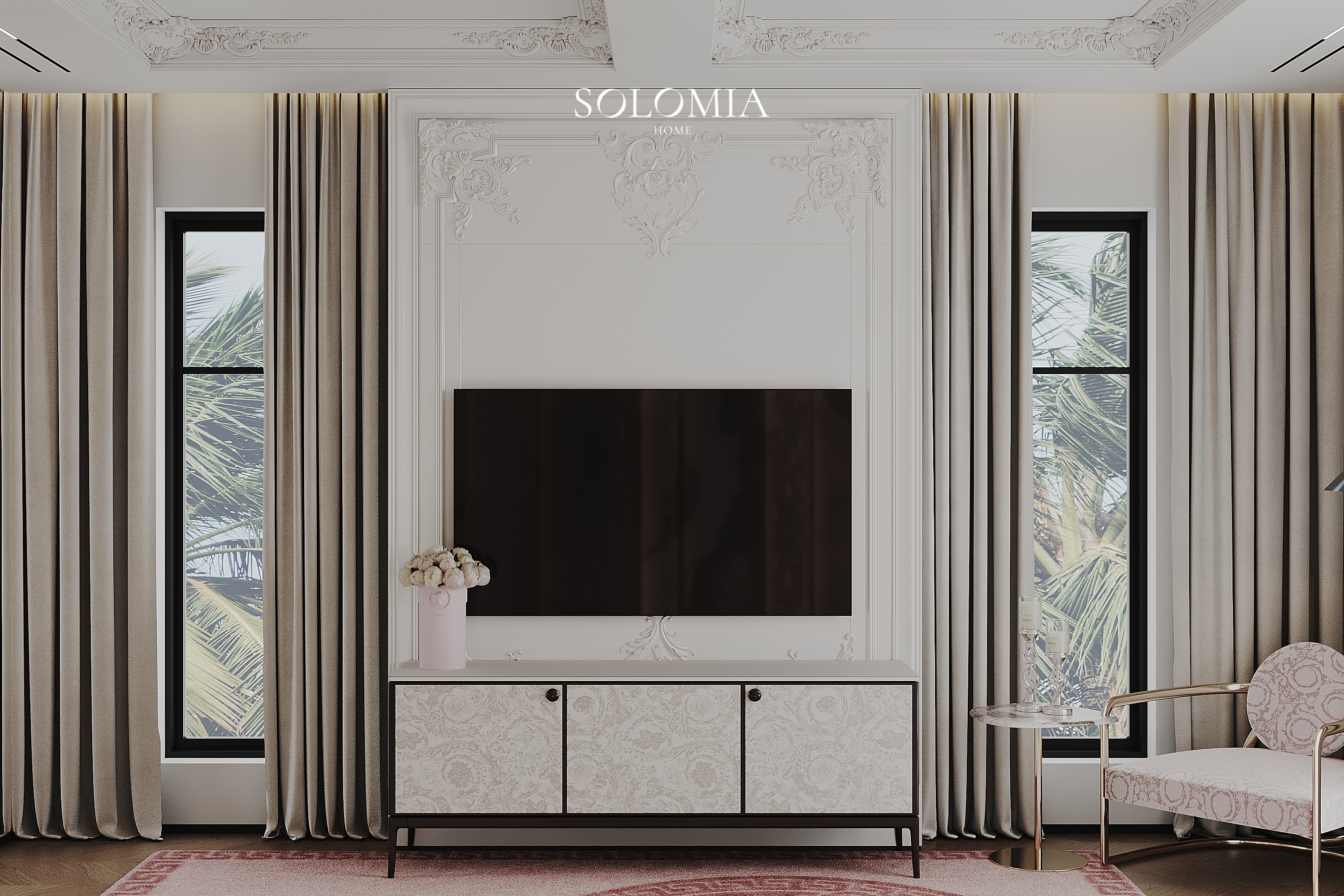 TV wall with palm view windows, Versace Villa — luxury interior design Dubai