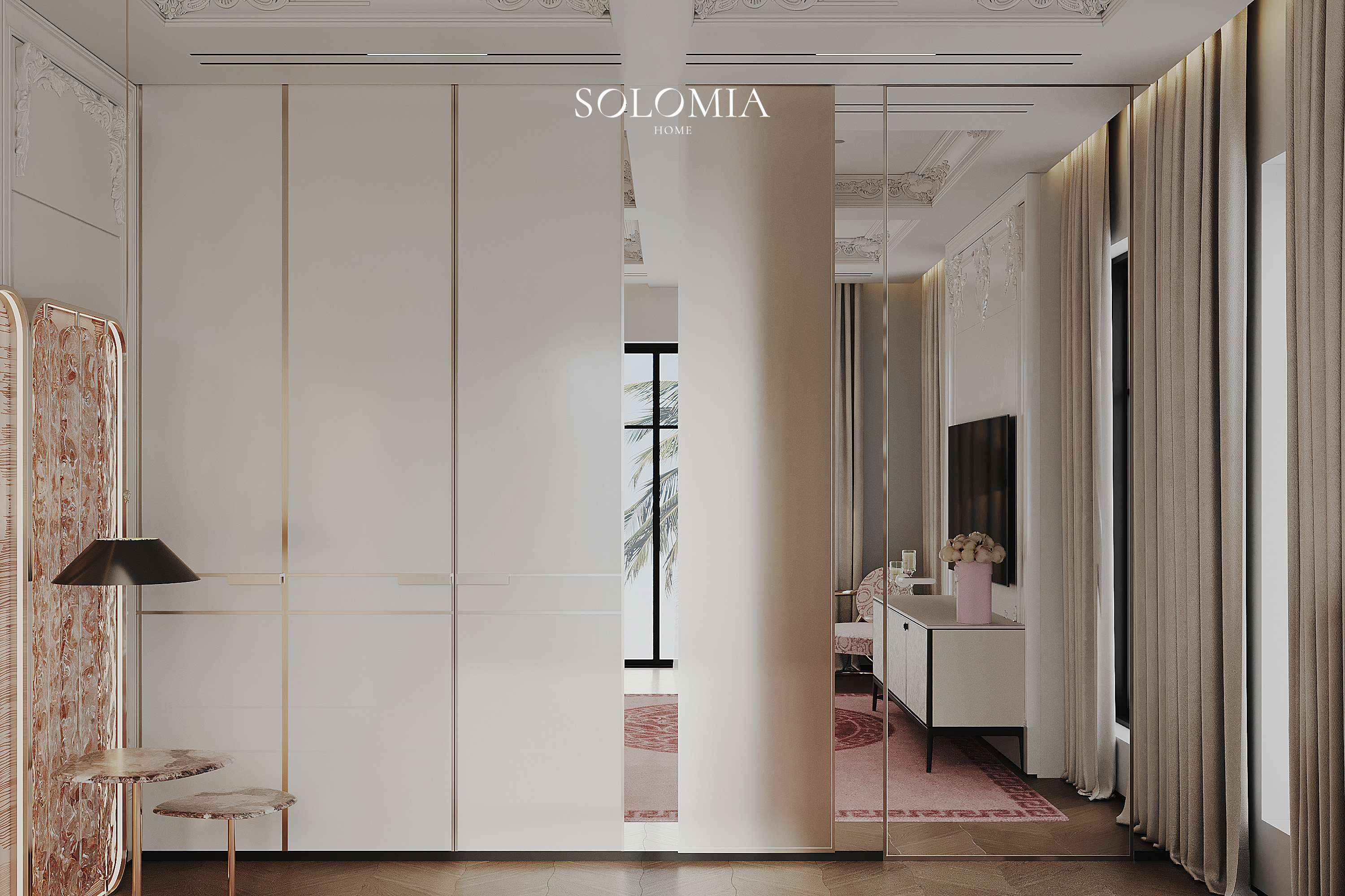 Bedroom with wardrobe and pink screens, Versace Villa — luxury interior design Dubai
