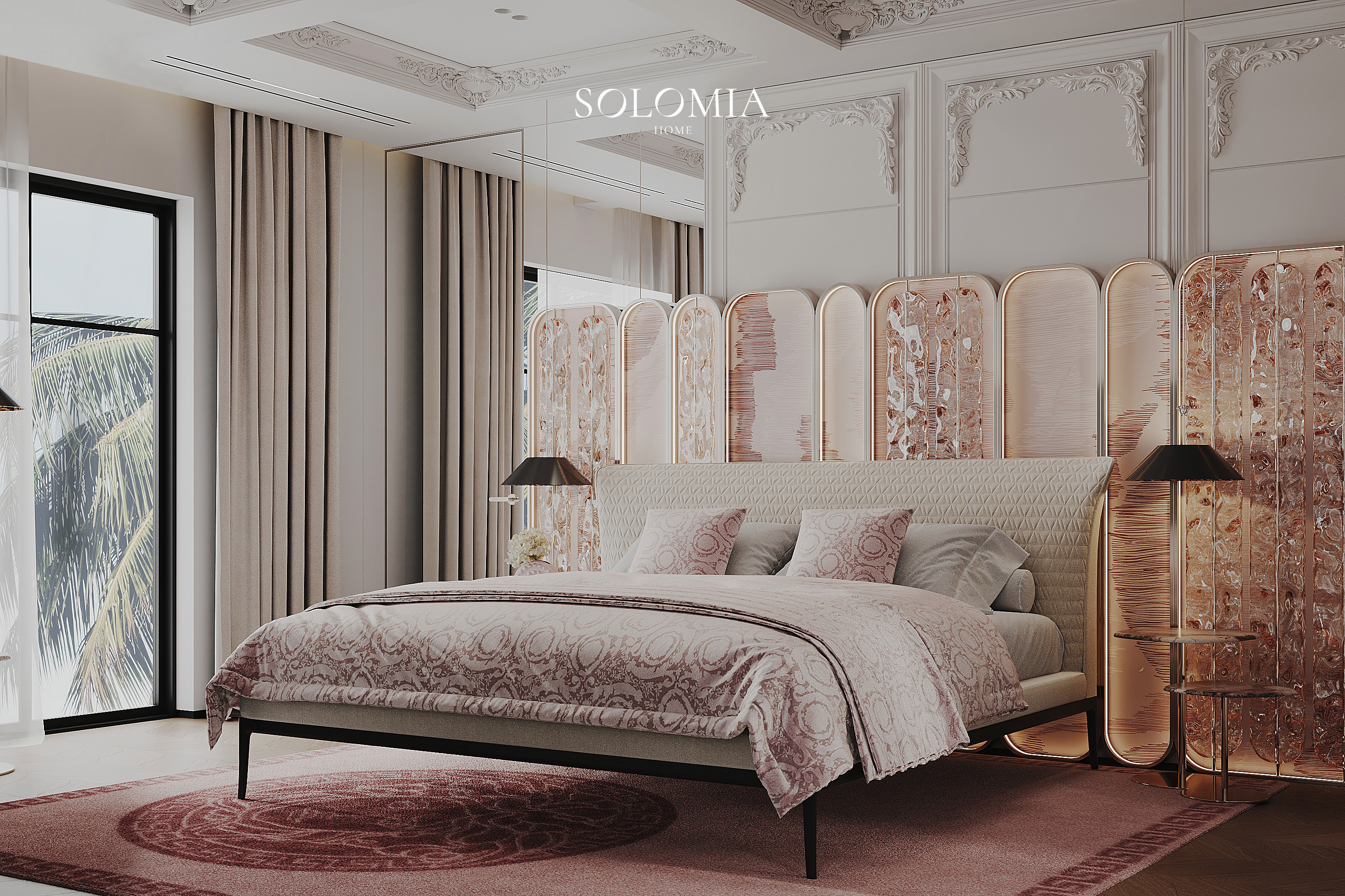 Bed with pink Versace bedspread, Versace Villa — luxury interior design Dubai
