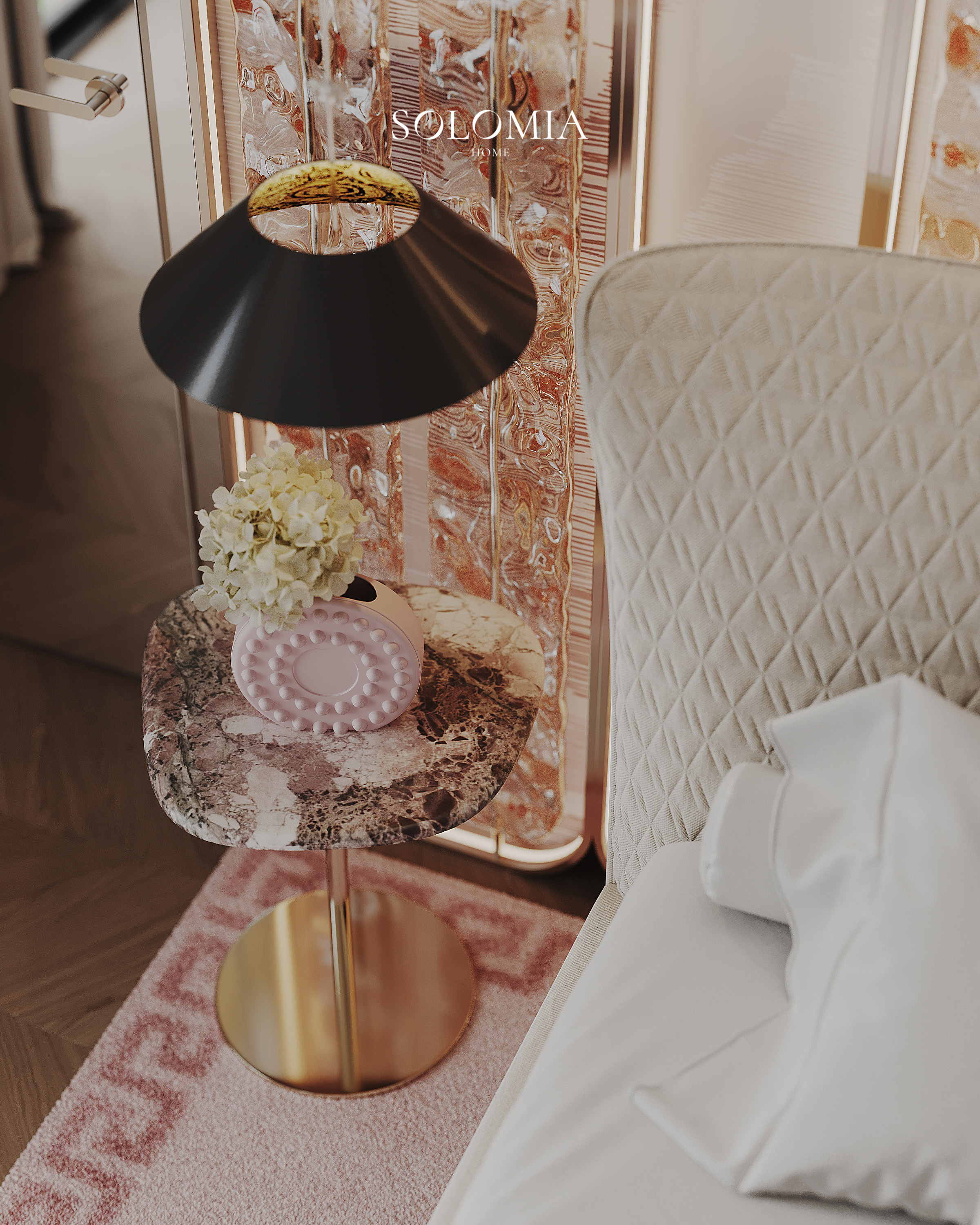 Bedside table with black lamp, Versace Villa — luxury interior design Dubai