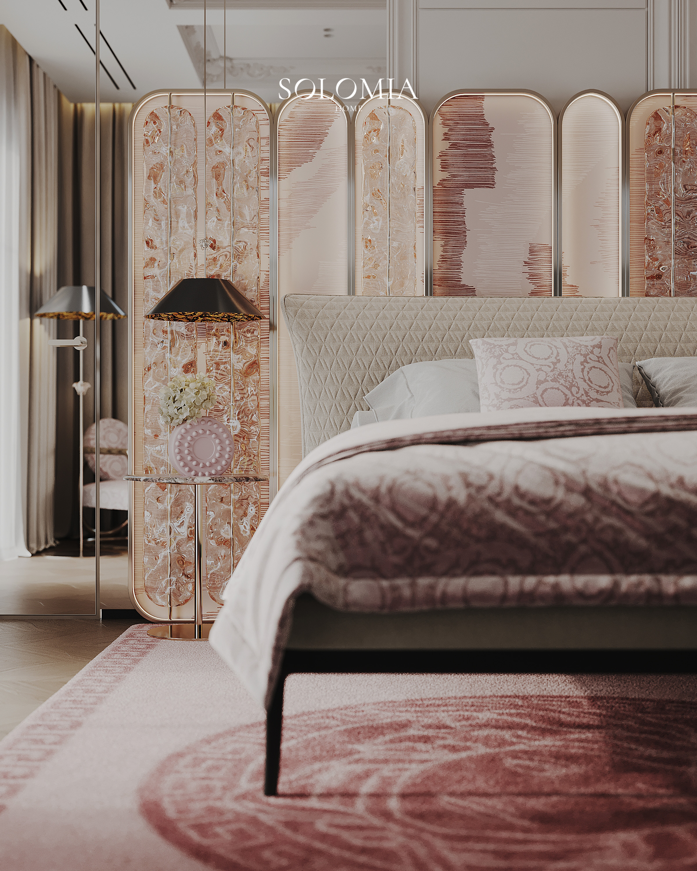 Bed with pink marble panels, Versace Villa — luxury interior design Dubai