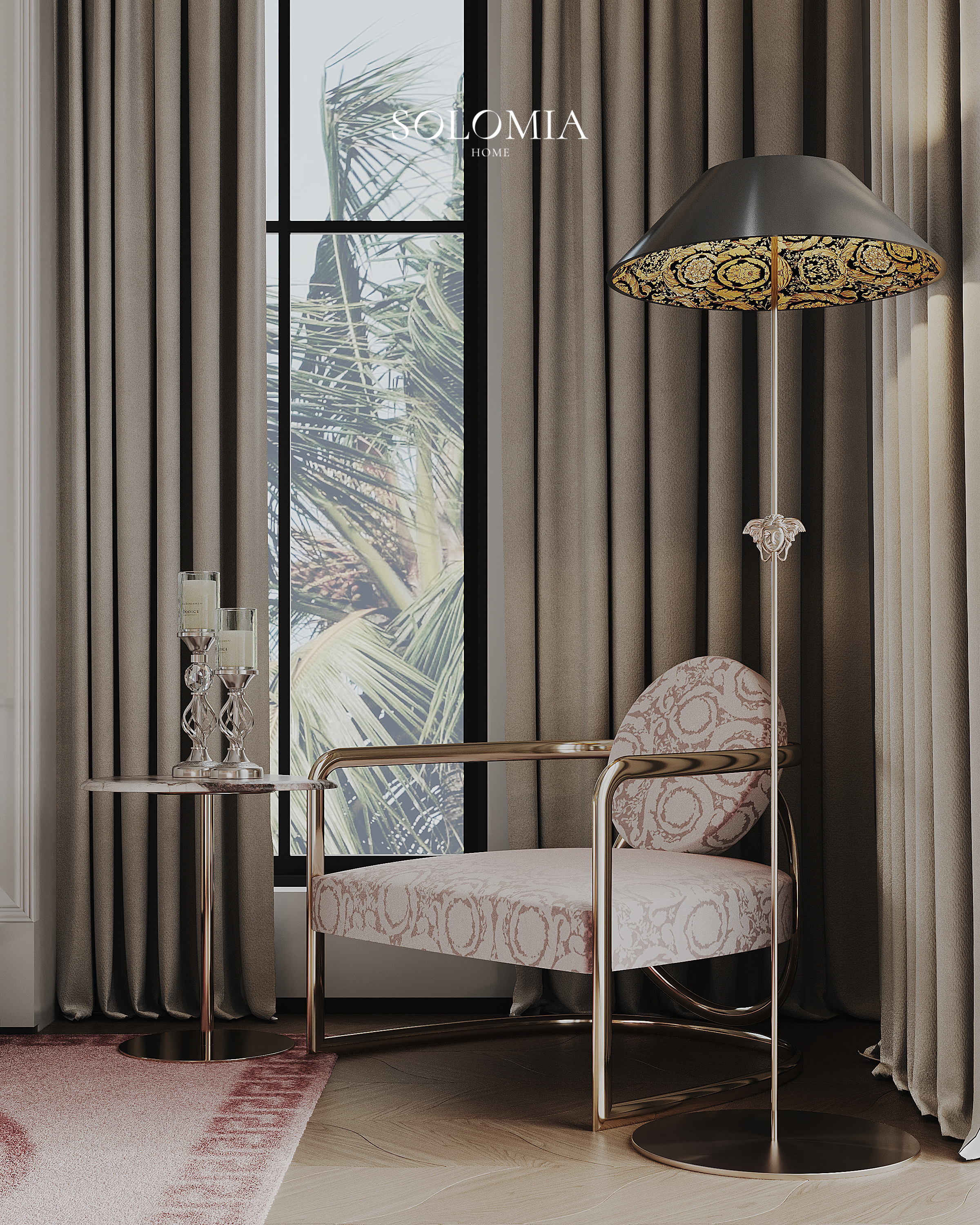 Versace armchair with floor lamp, Versace Villa — luxury interior design Dubai
